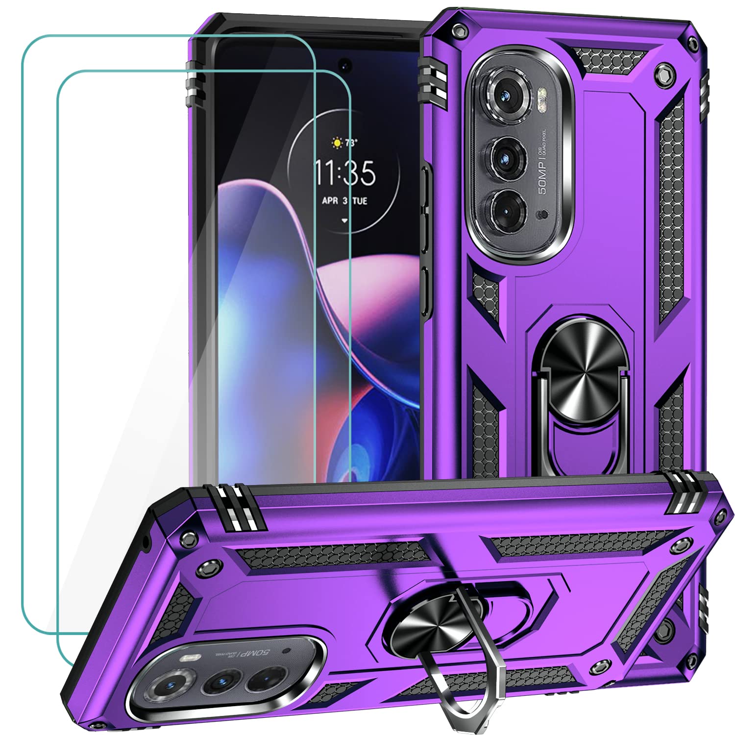 for Motorola Edge 2022 Case with 2 Pcs Tempered Glass Screen Protector, [Military Grade] 16ft. Drop Tested Protective Cover with Magnetic Kickstand