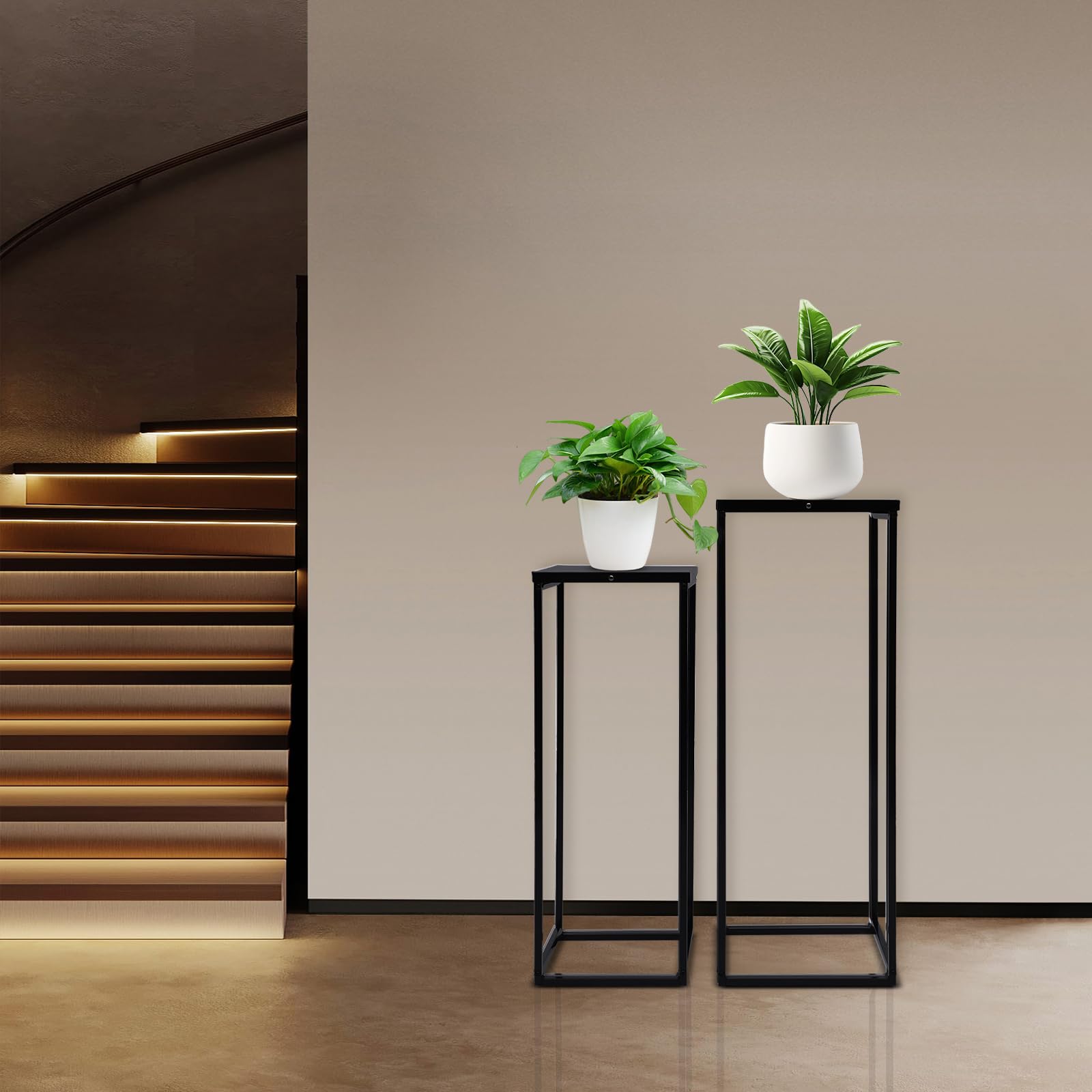 Set di 2 supporti per piante, in metallo, per giardino, balcone, colore nero
