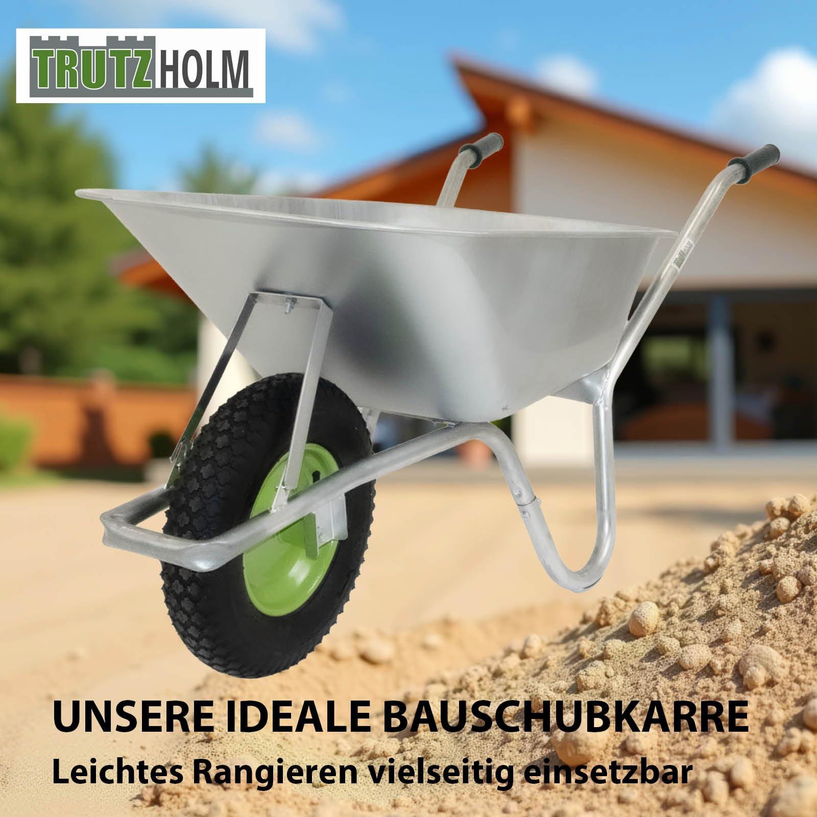 TRUTZHOLM Schubkarre 100 Liter verzinkter Stahl 250 kg Tragkraft Luftrad auf Stahlfelge Bauschubkarre Gartenkarre Schiebkarre leicht handlich 0,9 cm Starke Stahlwanne