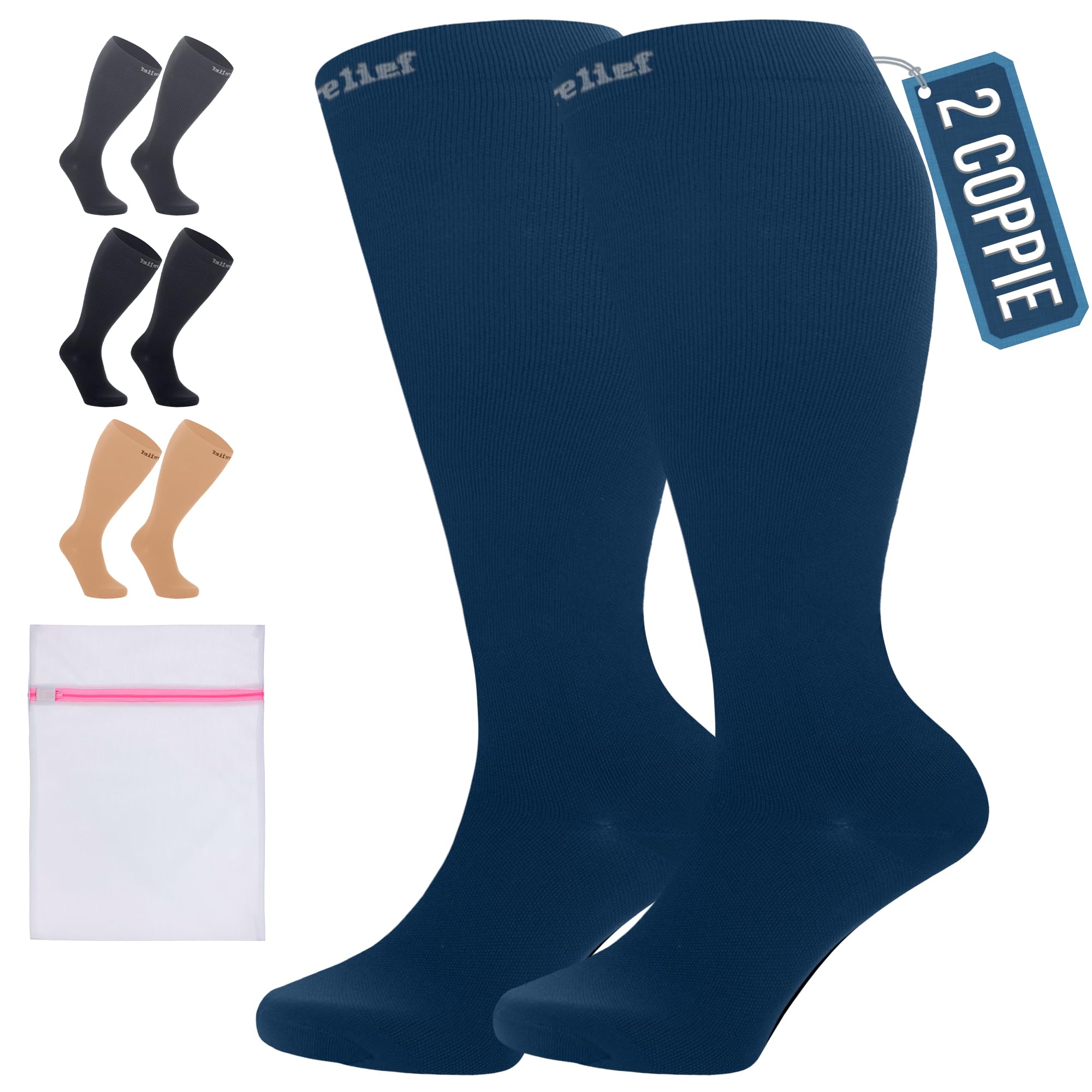 360 Relief Calze Compressione Graduata Donna e Uomo - Taglie forti 2 Coppie Solido Colore Gambaletti Compressione per Sports, Running, Viaggio, Ciclismo, Lavoro - 3XL Blu con Borsa Lavanderia