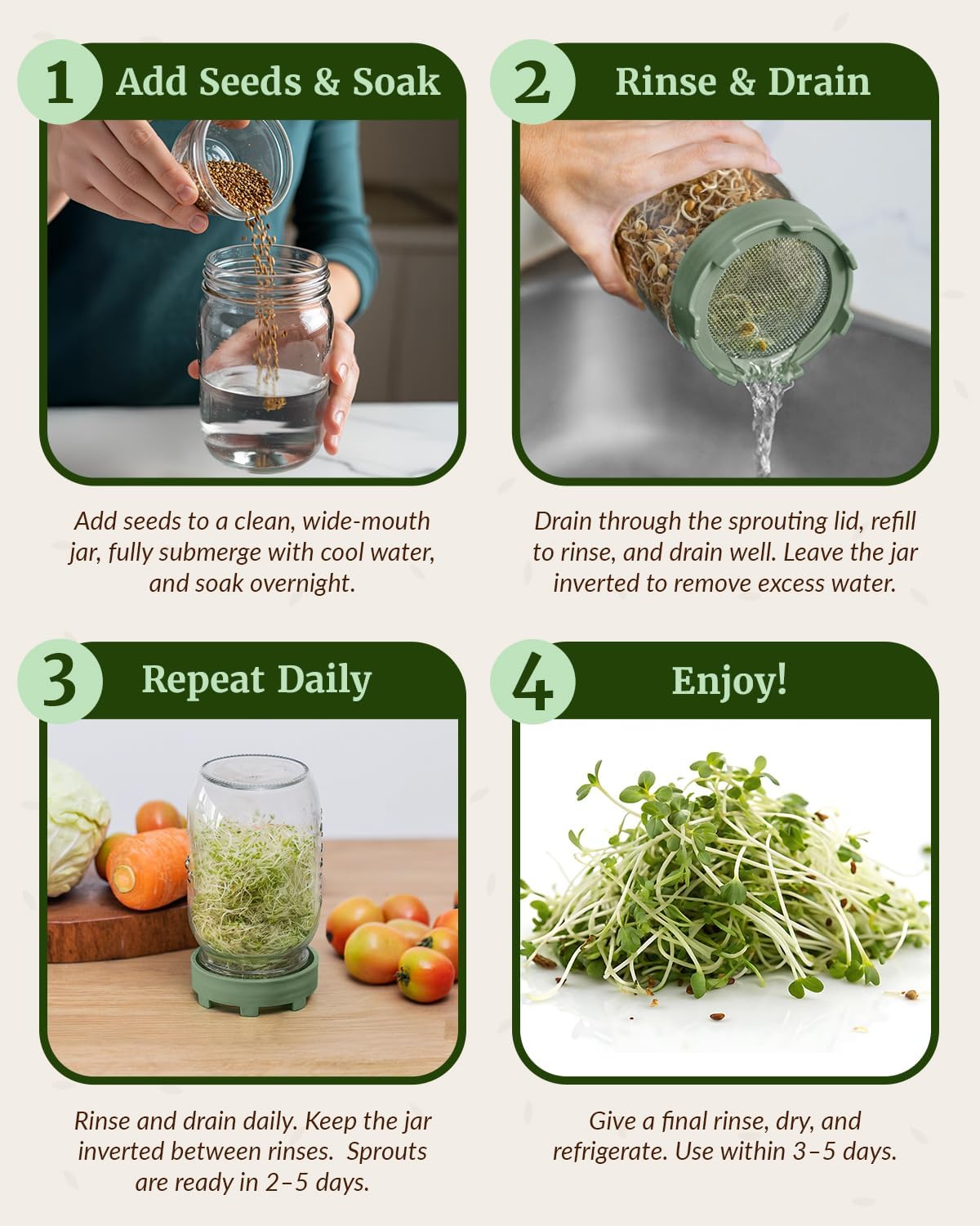 Elementi Sprouting Jar Kit - Set of 2 Wide Mouth Mason Jars with Sprout Lids & Stainless Steel Mesh Screen - Seed Sprouting Kit & Sprout Jars for Growing Broccoli Sprouts, Alfalfa, Mung Bean Sprouter