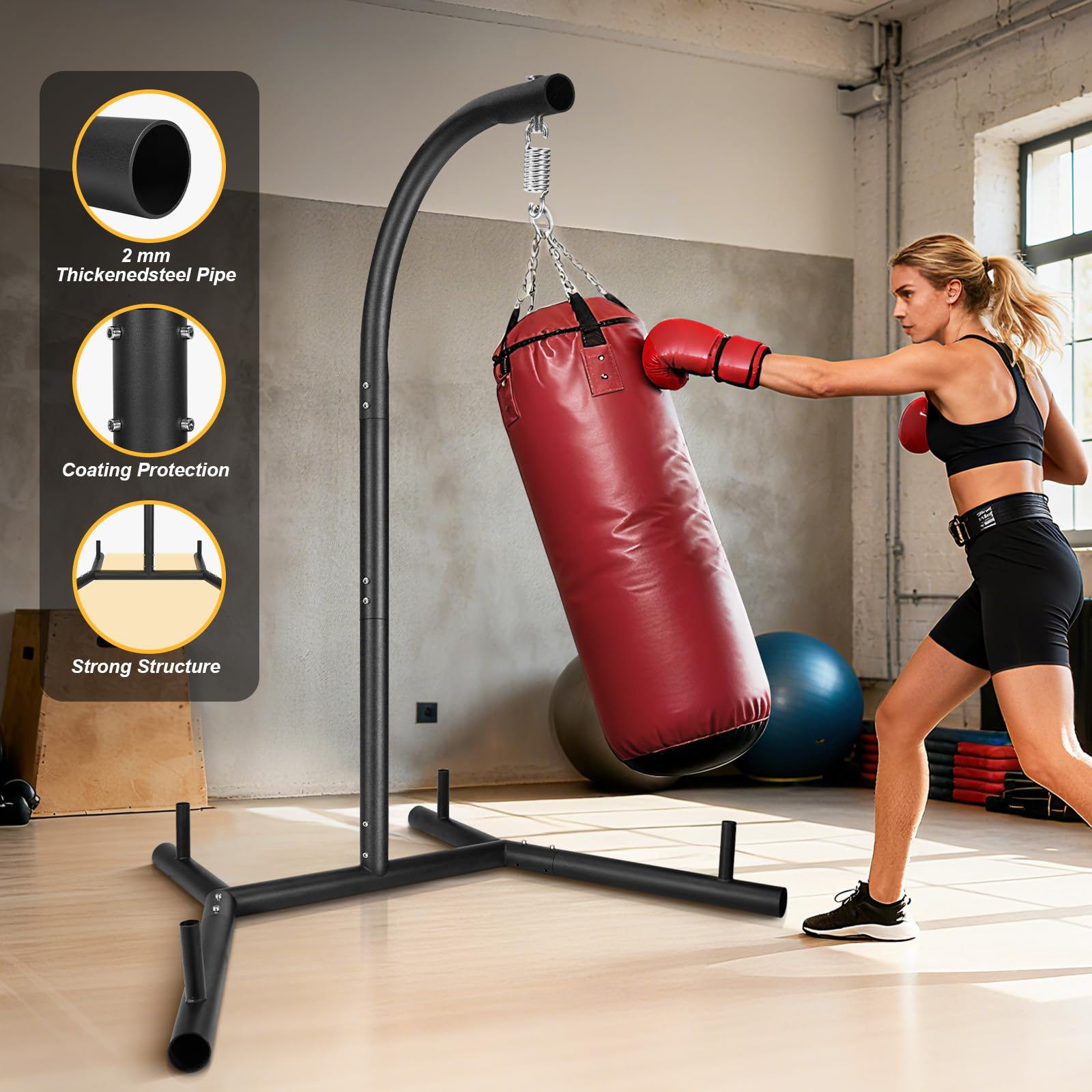 NZQXJXZ Support de Sac de Frappe, Support de Boxe Robuste, Support Métallique pour Sac de Sable, Équipement d’Entraînement Autoportant Durable jusqu’à 180lbs pour Maison & Salle de Sport, Support Seul