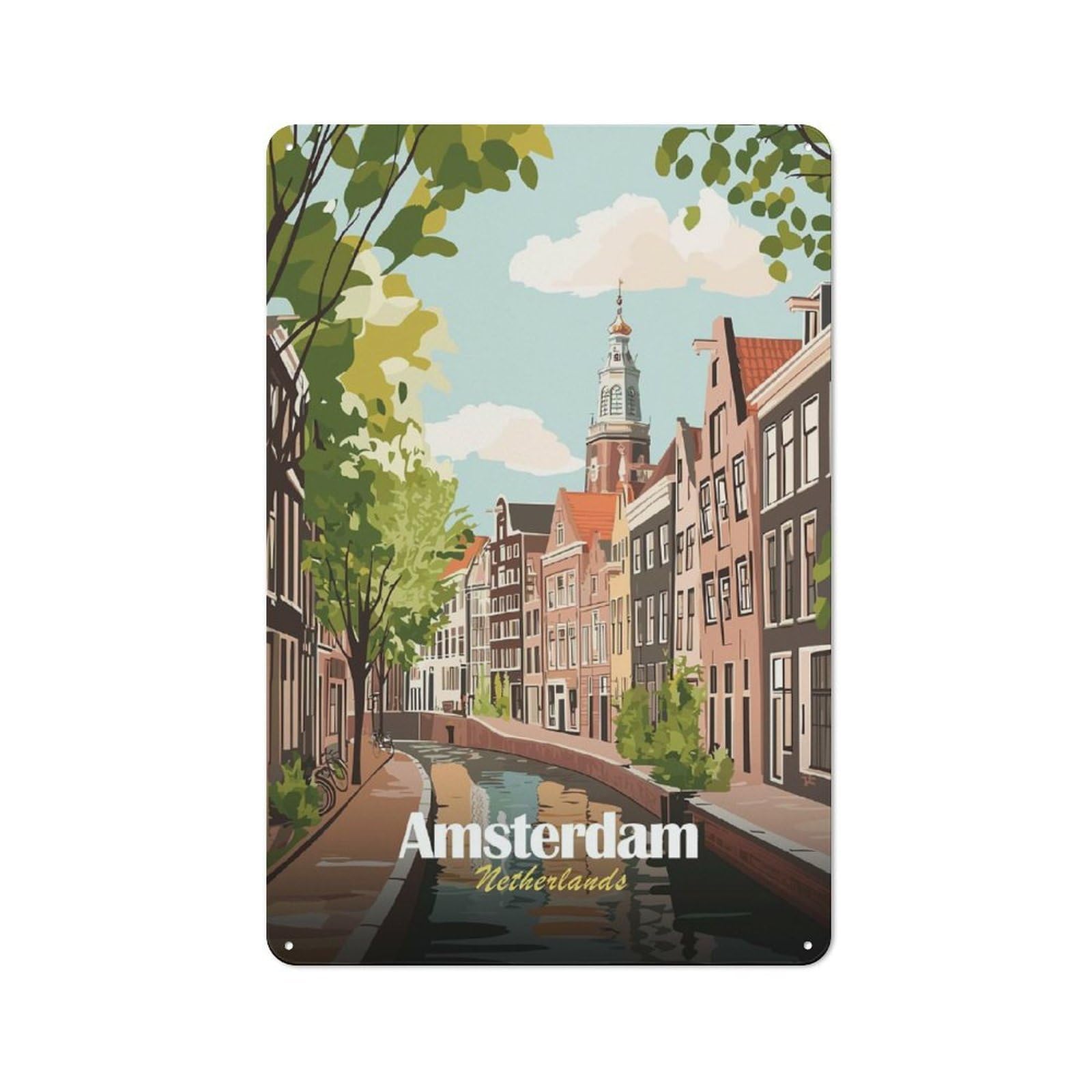 Junmoney Style-10 Tin Wall Plaque 30X20cm With Amsterdam Netherlands Canal Cityscape Illustration For Café Or Restaurant, Housewarming Present For People Styling Café And Restaurant