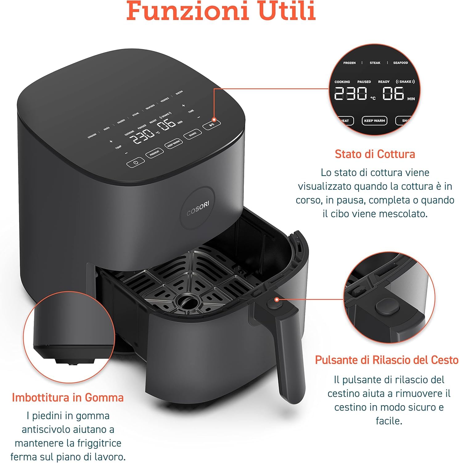 Cosori Friggitrice ad Aria 4,7 Litri, 75-230°C, 9 Preimpostazioni, 1500W | Silenzioso e Risparmio Energetico, Meno Olio&Senza Fumo, Ricettario Italiano, Lavabile in Lavastoviglie, Rumore Sotto i 55dB
