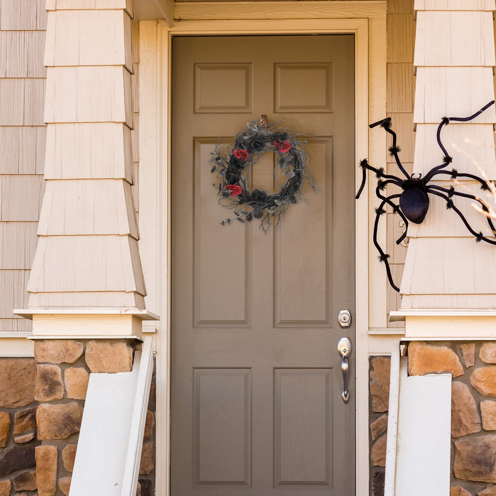 Halloween Türkranz Mit Eukalyptus - Schwarzer Gothic Kranz Mit Roten Rosen