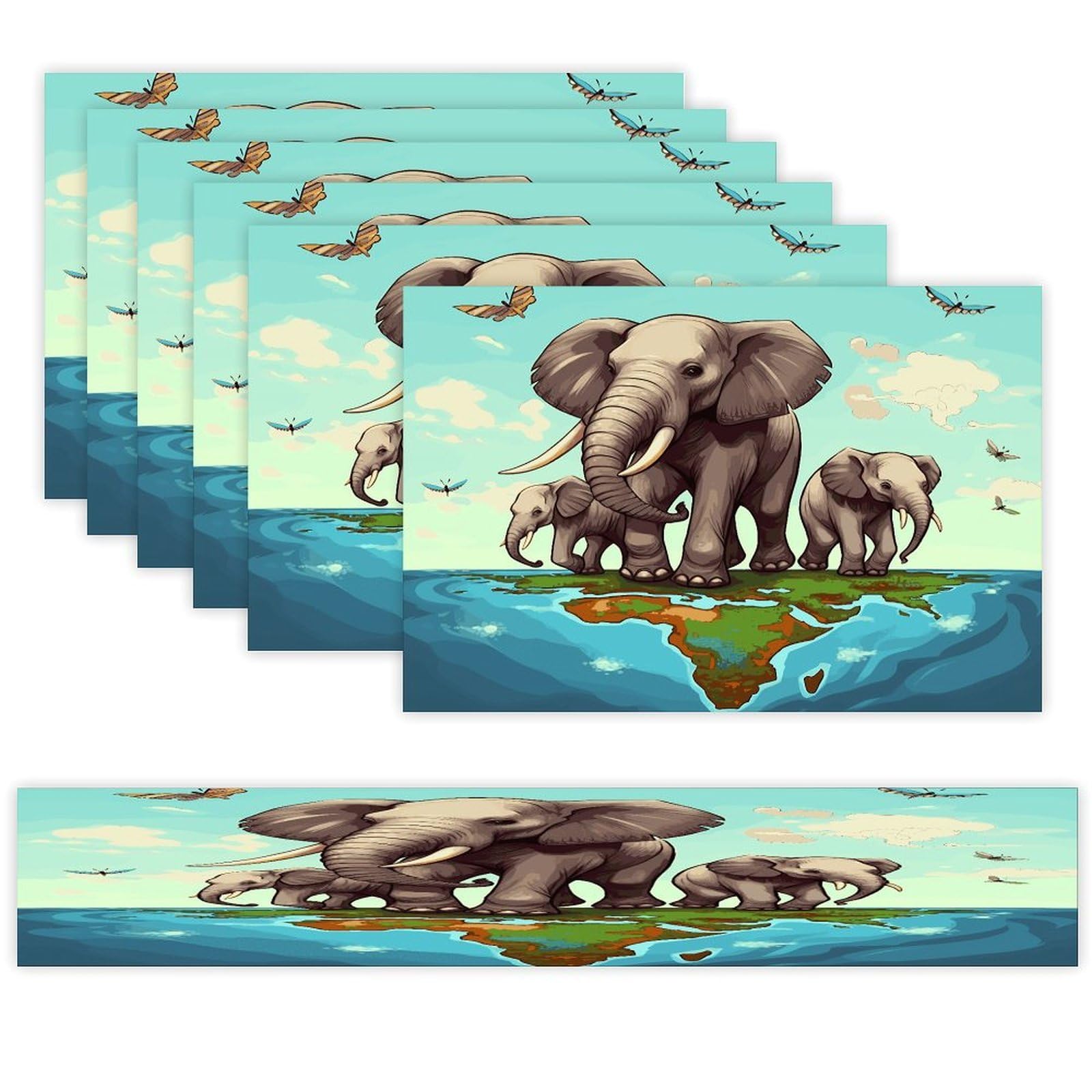 Elephants Table Runner and Placemats Set of 6 for Kitchen Washable Table Mats Heat Resistant Place Mats Non-Slip Place Mat Wipeable Placemat(6 Placemats+1 Table Runner)