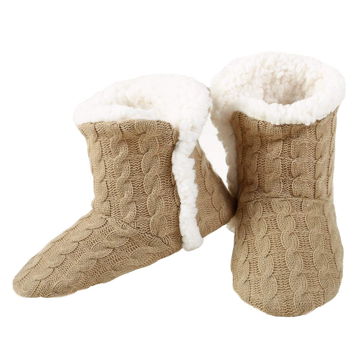 Womens Cable Knit Slippers House Booties Socks Soft Sherpa Lining Rubber  Soles