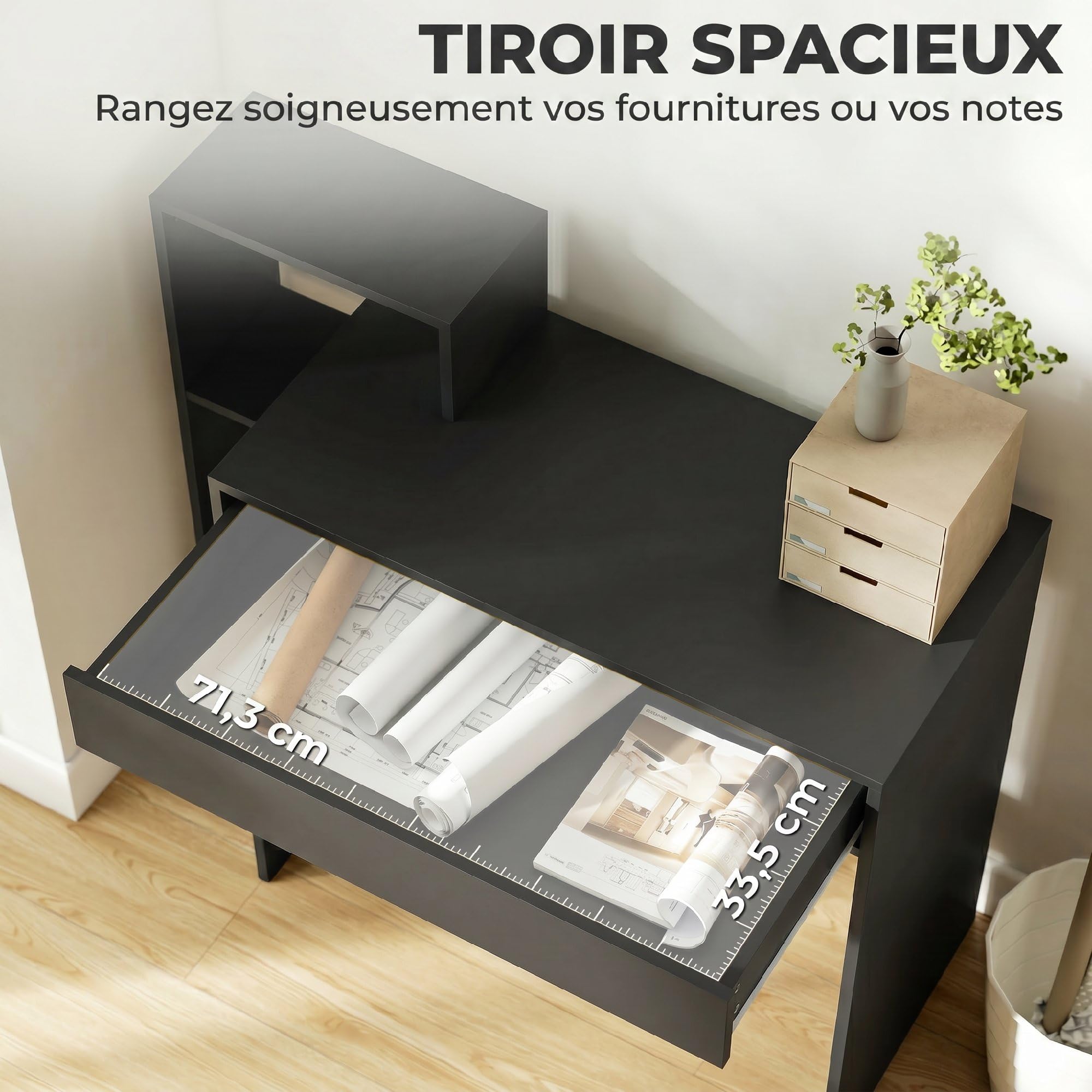 HOMCOM Escritorio con Almacenamiento, Escritorio PC, 100x40x90 cm, Negro | con 3 estantes, cajón, estación de trabajo, Escritorio de computadora para teletrabajo, sala de estar