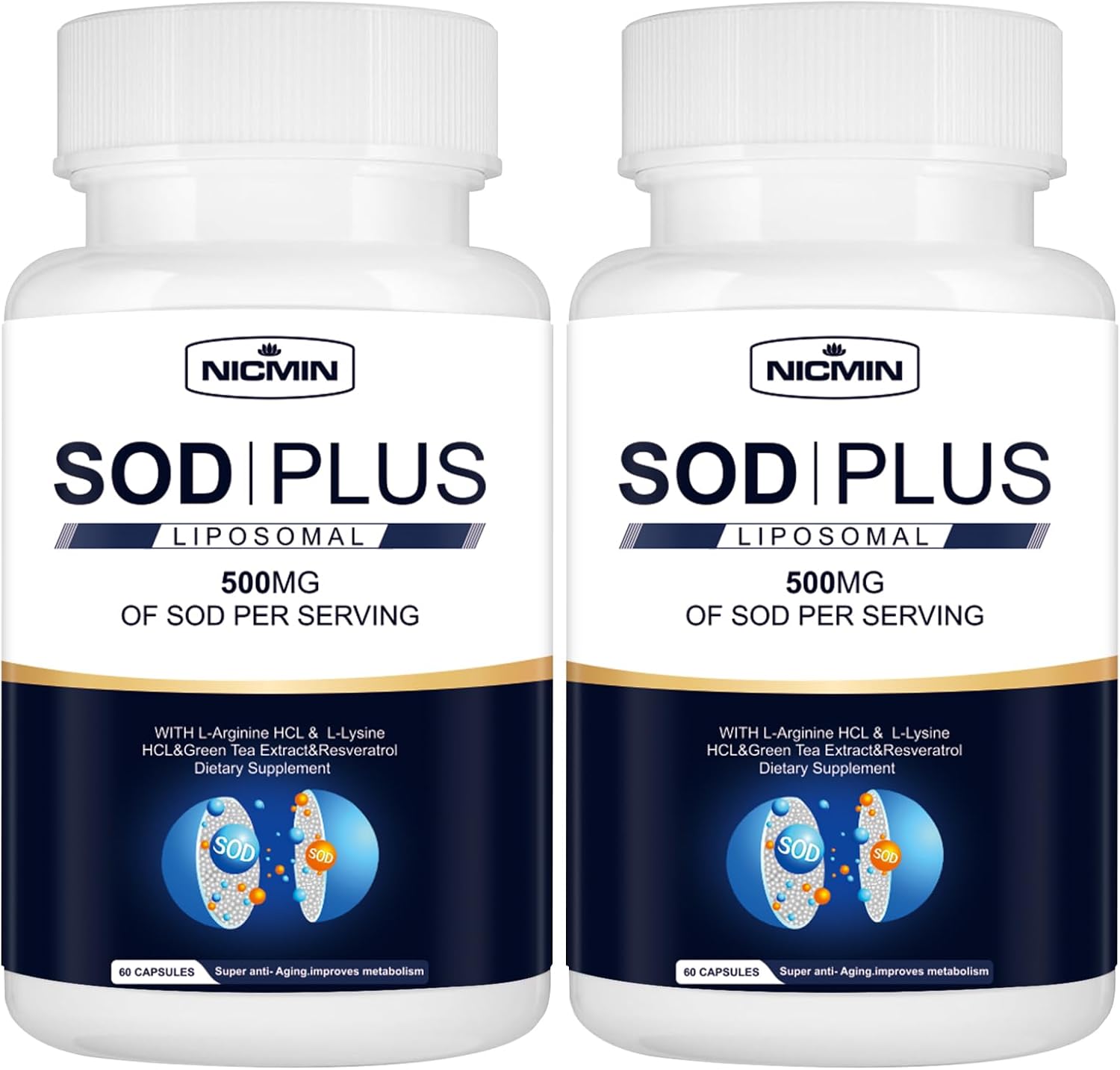 500MG Superoxide Dismutase Supplement - SOD Plus with Liposomal Glutathione, AKG, Green Tea Extract, L-Arginine, Lysine, Resveratrol and Vitamin E for Immune Support, Antioxidant 120 Capsules