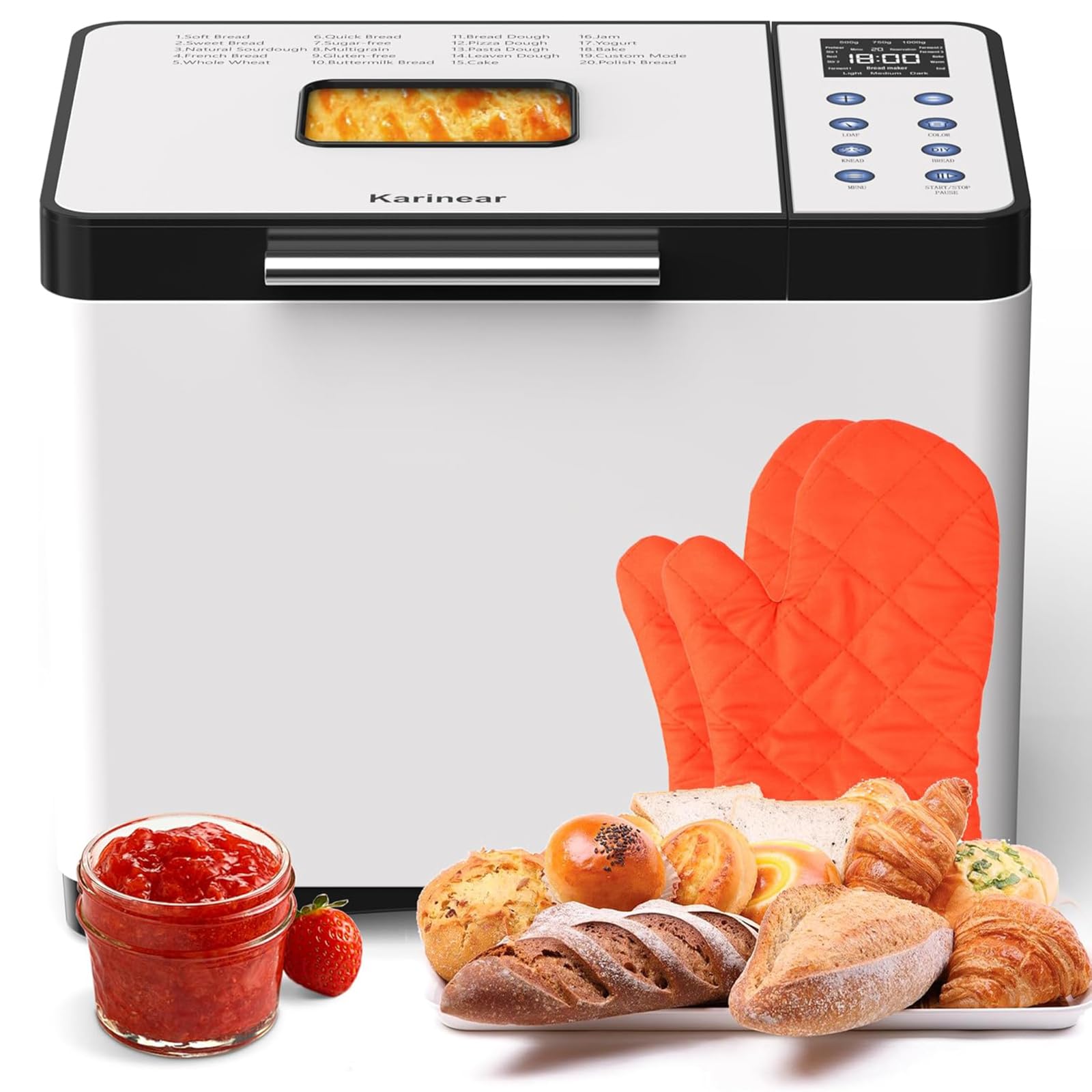Karinear Brotbackautomat ohne Loch im Brot – 20 Programme Brotbackmaschine, 15-Std.-Timer, 3 Laibgrößen & Bräunungsstufen, 2LB Brotbackautomat, Bread Maker inkl. hitzebeständige Handschuhe, Weiß