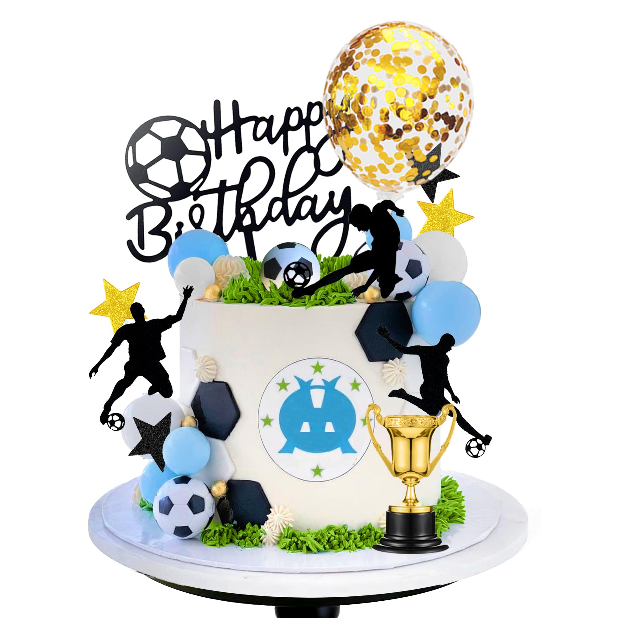 DRWATE Soccer Cake Topper Decorations - Ball Trophy Cake Decorations For Soccer Birthday Party Football Sport Party Supplies (Blue)
