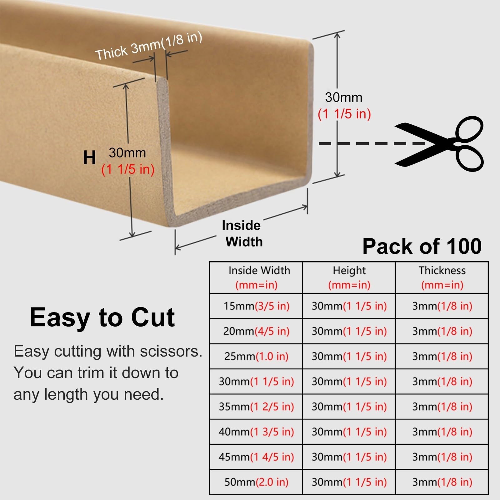 Protecteur d'angle en carton, Lot de 100 protections d'angle en forme U for portes d'entrepôt et chargement navires, protection anti-choc(50mm(2.0 In),L 50cm/20 in)