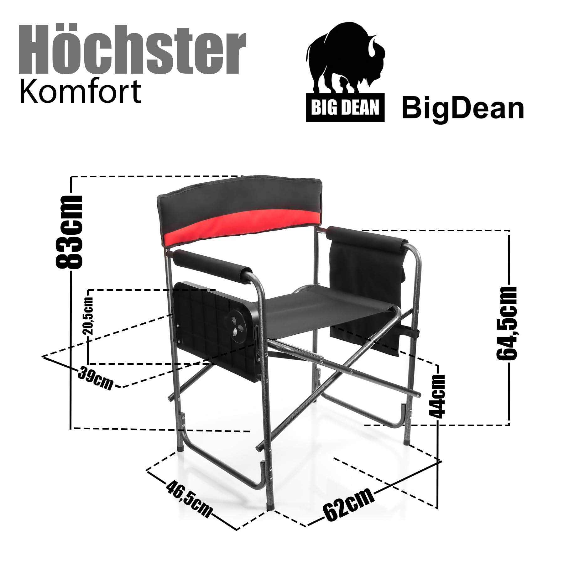 BigDean Campingstuhl 150kg mit Tisch – Klappstuhl mit Getränkehalter + Seitentasche – Hochwertiger Angelstuhl in Schwarz/Rot – Regiestuhl Klappbar für Camping und Outdoor – Metall und Kunststoff