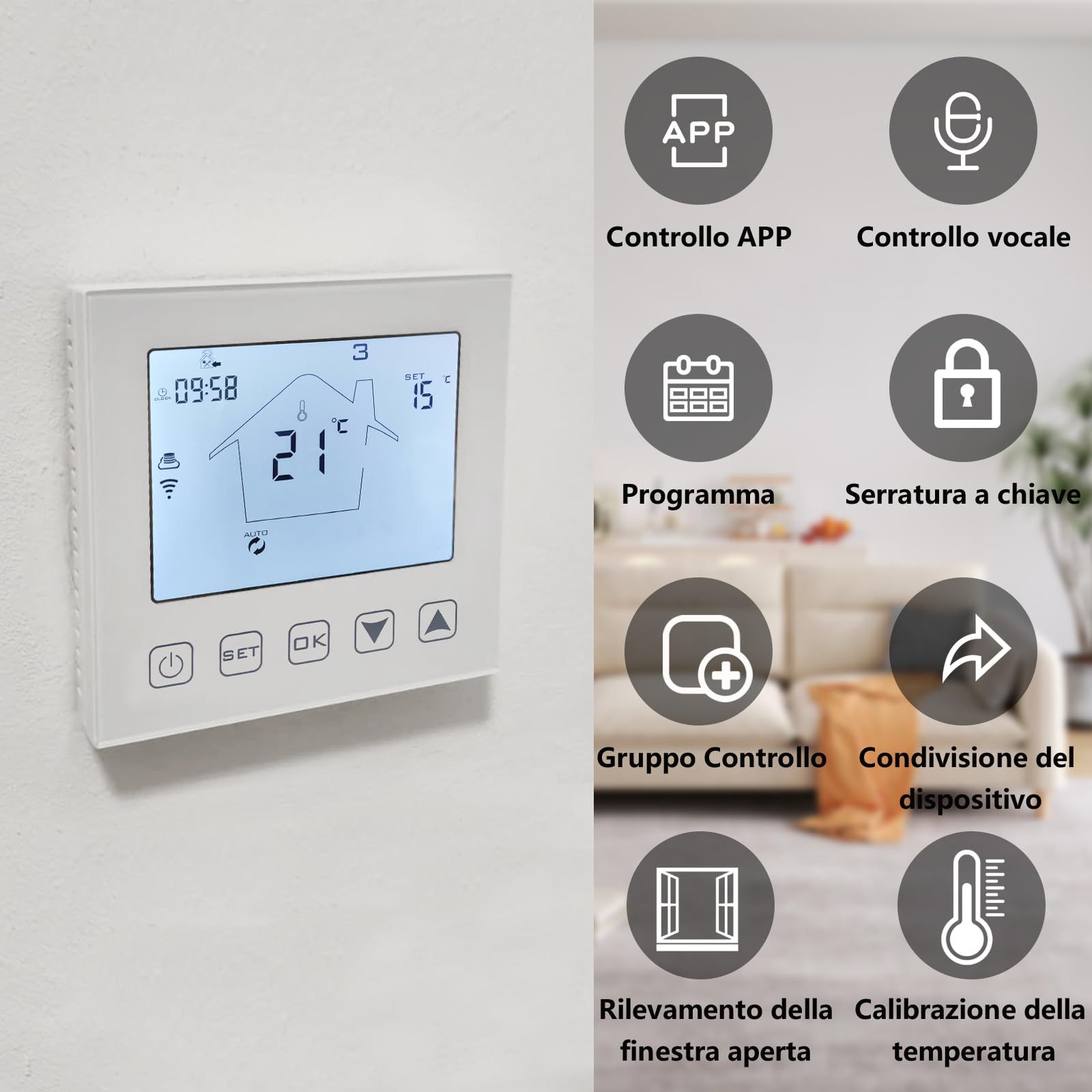 KETOTEK Intelligente Termostato WiFi Riscaldamento a Pavimento Elettrico 16A, Cronotermostato Compatibile con Alexa, Programmabile Termostato Ambiente da Parete Smart Life Tuya App Controllo