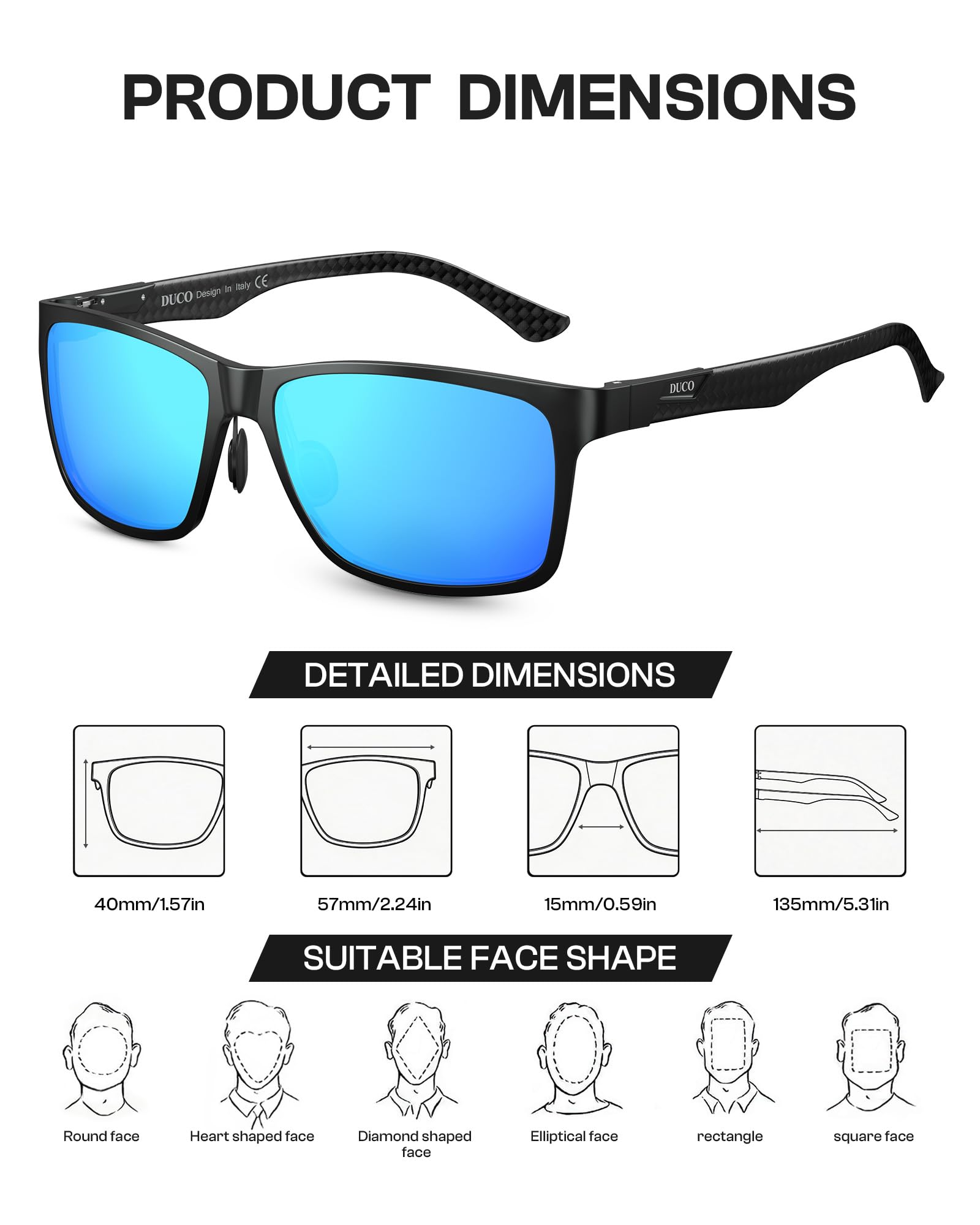 DUCO Rechteckig Herren Polarisiert Sonnenbrille mit Kohlefaser Brillenbeine | UV400 Glasses, Klassische Metallrahmen, Verstellbar Nasenpads, Nicht Drücken, Geschenk für Valentinstag Thanksgiving DC8206