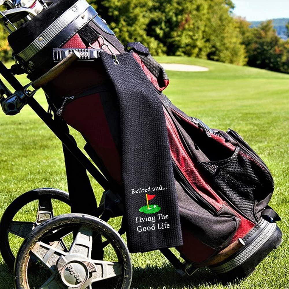 review DYJYBMY Retired and Living The Good Life Funny Golf Towel,Embroidered Golf Towels for Golf Bags with Clip,Golf Gift for Men,Birthday Gifts for Golf Fan,Retired Gifts for Women Men Coworker