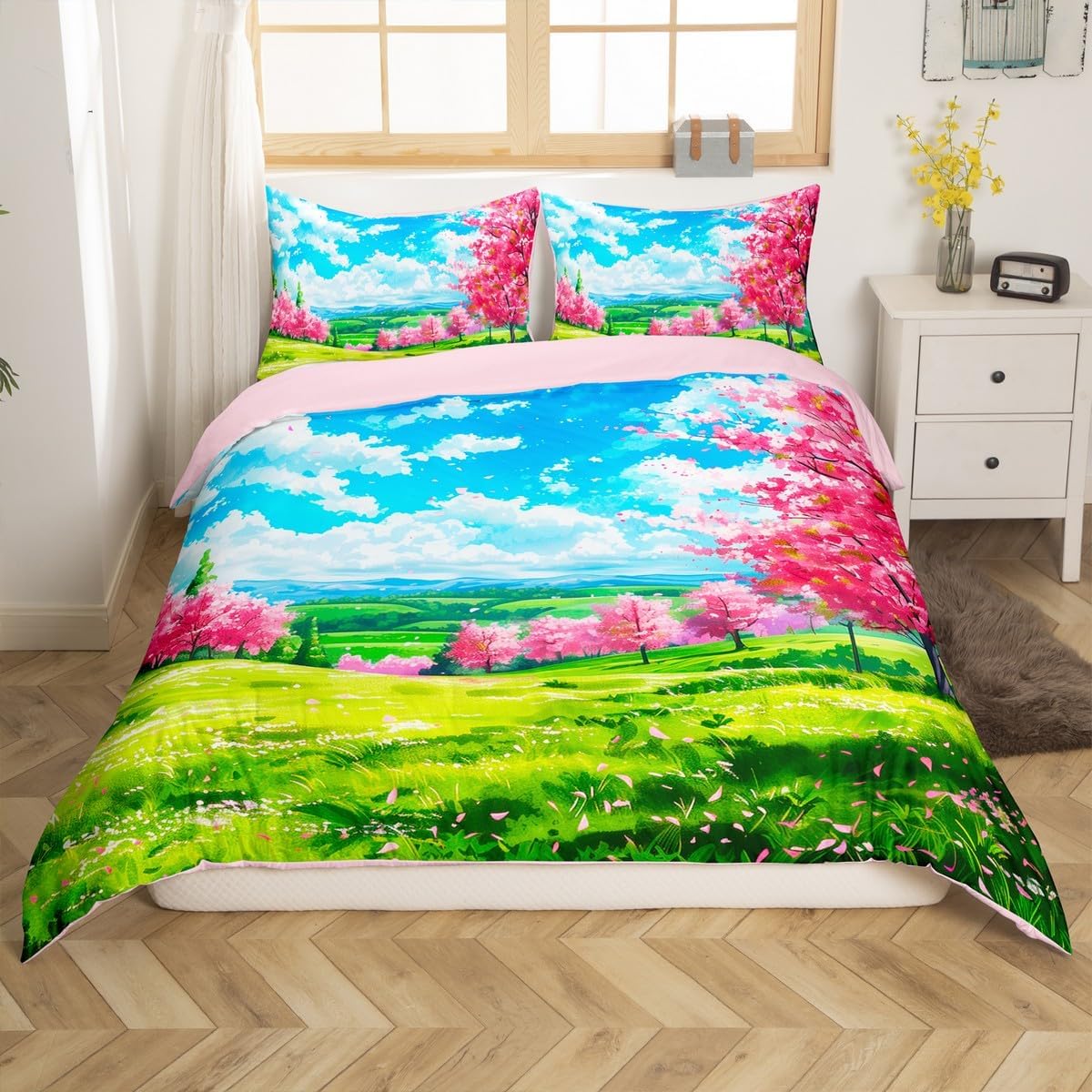 Spring Cherry Blossom Duvet Cover Set Toddler Size Blue Sky White Clouds Green Grass Bedding Set for Kids Girls Teens Cartoon Natural Scenery Dreamy Comforter Cover with 1 Pillowcase,No Comforter