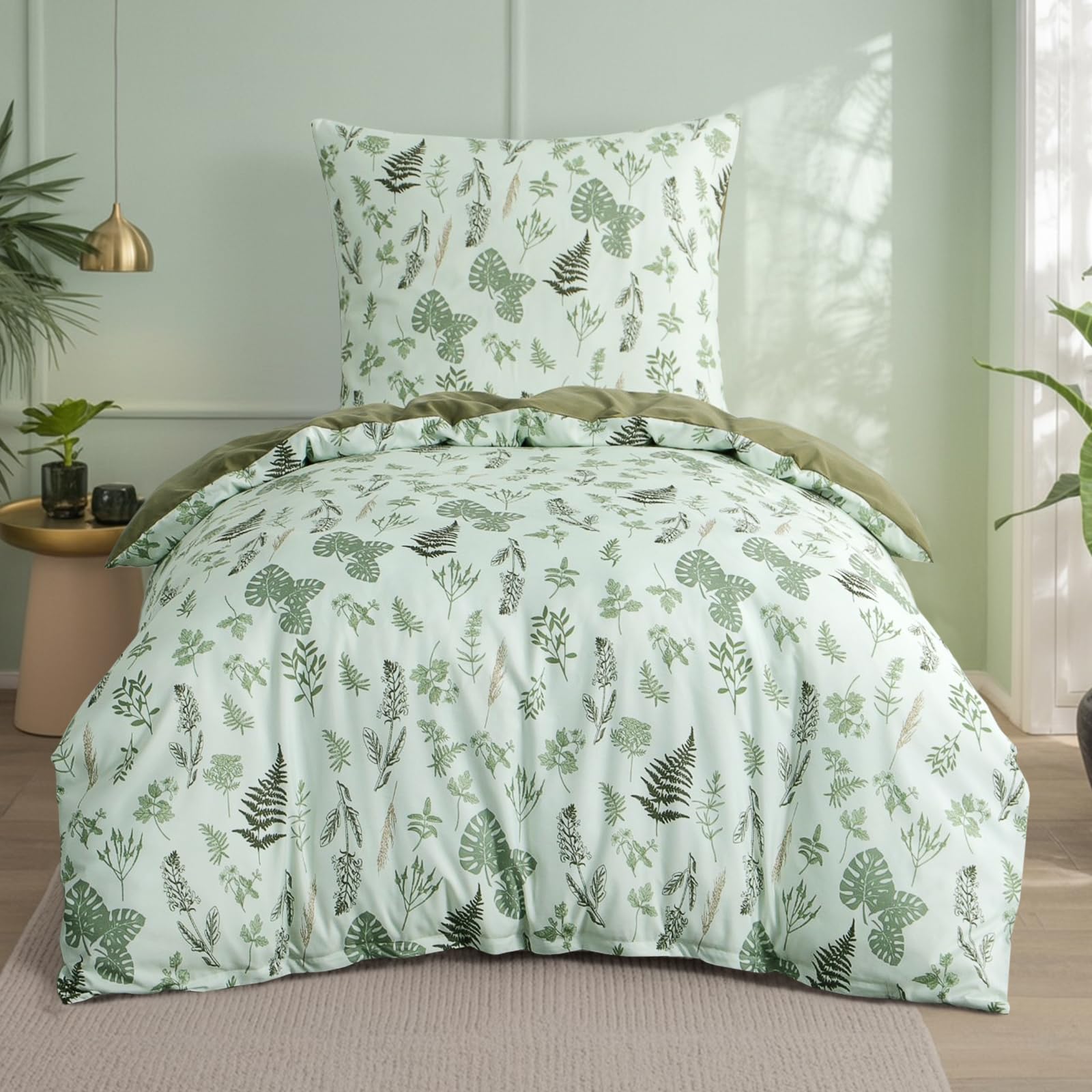 Aisbo Bettwäsche 155x220 Blumen Bettbezug - 2teilig Mikrofaser Bettwäsche-Sets Blätter Muster Grün mit Reißverschluss, ÖKO-TEX Bettdeckenbezug 155x220cm mit Kissenbezug 80x80cm