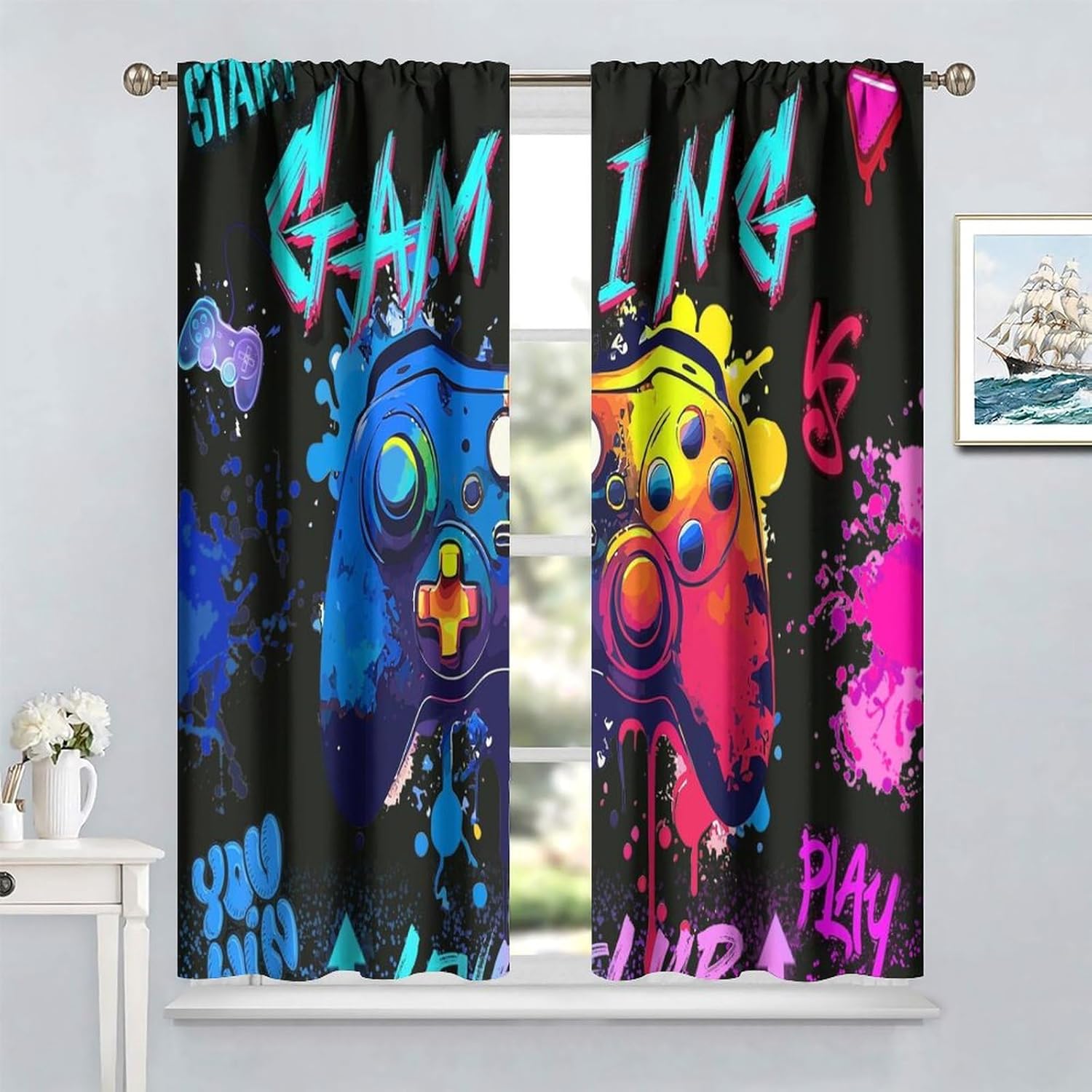 Gaming Curtains for Boys Girls Teens, Graffiti Gamepad Colorful Game Controller Cool Window Treatment for Bedroom Living Room Playroom Gamer Drapes 2 Panel Sets,42x63 Inch