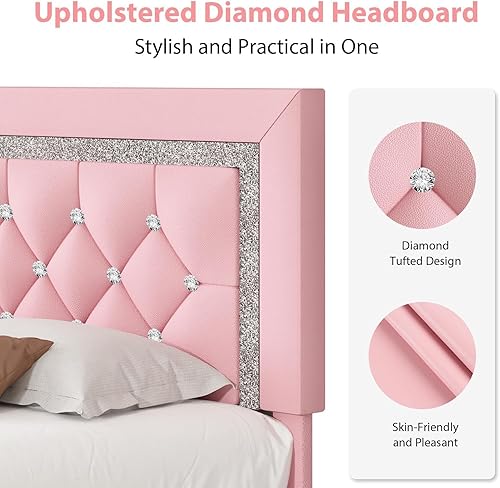 Miniatura 38 de BarnFurin Base de cama tamaño matrimonial con cabecera de botones copetudos, plataforma tapizada con diseño de diamante, soporte de listones de