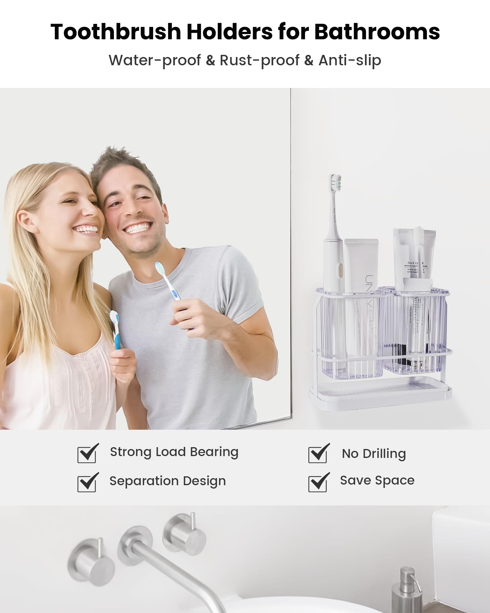 KONE Soporte para cepillo de dientes montado en la pared, soporte colgante para cepillo de dientes eléctrico con 2 compartimentos extraíbles, drenaje seco y húmedo para baño, cocina, familia (blanco)
