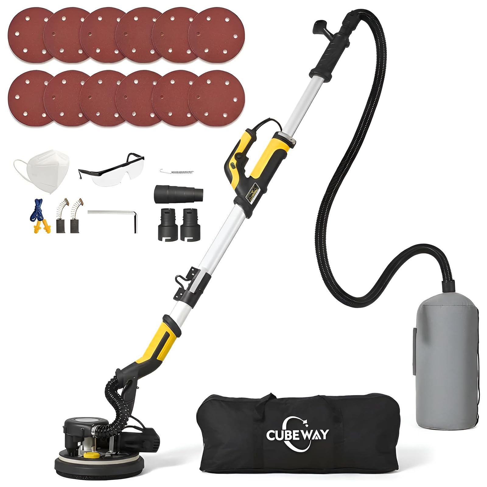 Drywall Sander, 750W 6.5A Wall Sanders with Vacuum Dust Collection, 7 Variable Speed, LED Light, with 12pcs Sanding Discs, Foldable Extendable Electric Sander for Walls Popcorn Ceiling