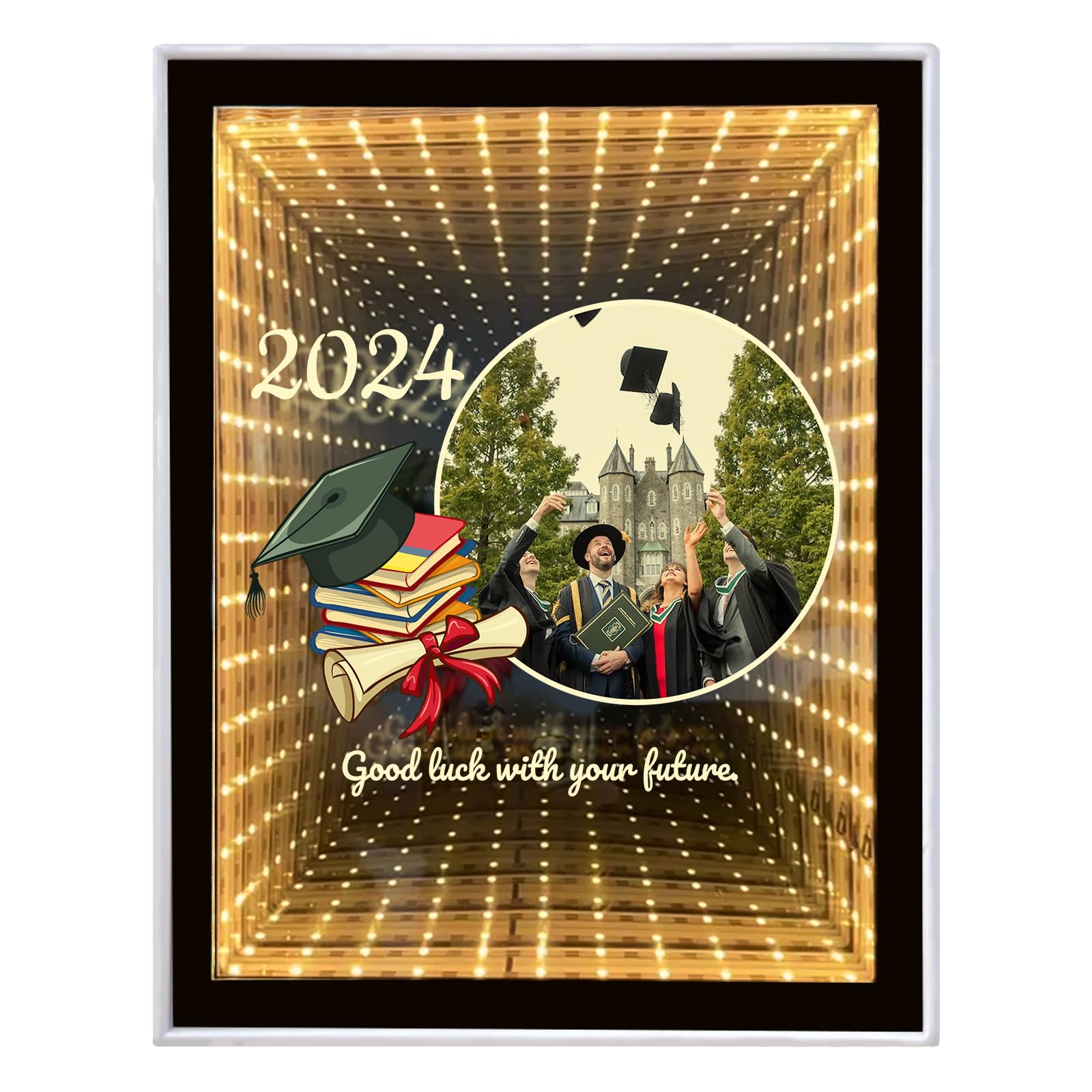 Custom Photo Frame Infinity Mirror, Personalised Graduation Gifts for Students, Classmates, Couples, Desktop LED Night Light Makeup Mirror 2 in 1, Home Decoration Bedroom Office Living Room