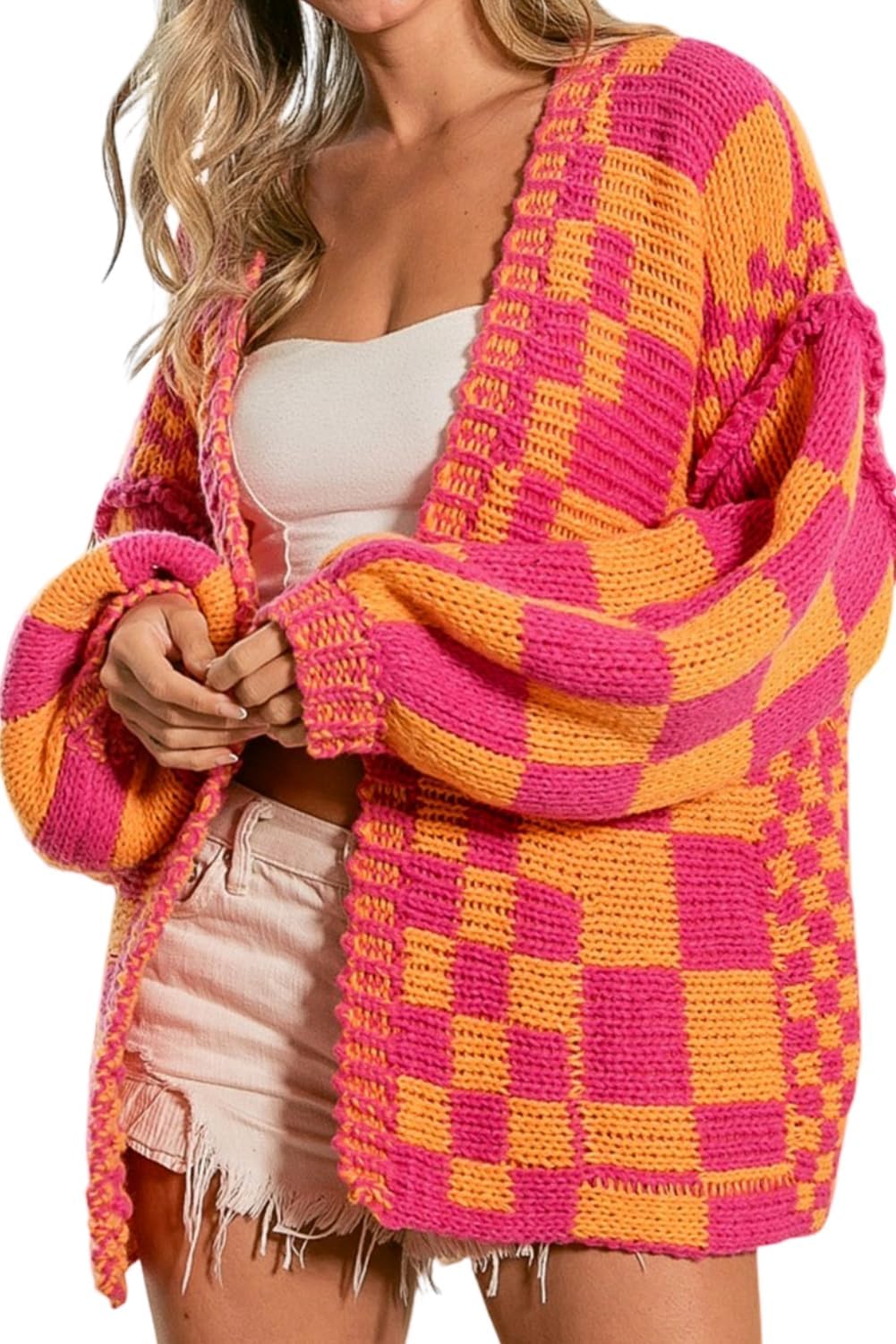 SELINK Women's Cardigan Sweater Vintage Open Front Mixed Checkered Pattern Chunky Knit Plaid Long Sleeve Daily Outwear