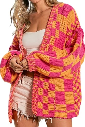 SELINK Women's Cardigan Sweater Vintage Open Front Mixed Checkered Pattern Chunky Knit Plaid Long Sleeve Daily Outwear - X-Large - Multicolor