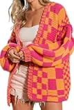Women's Cardigan Sweater Vintage Open Front Mixed Checkered Pattern Chunky Knit Plaid Long Sleeve Daily Outwear
