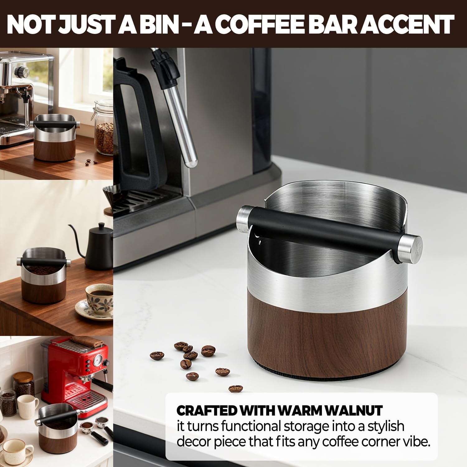 MUTEX Espresso Knock Box, Stainless Steel Coffee Grounds Knock Box with Removable Knock Bar, Non-Slip Rubber Base & Wood Bin - Dishwasher Safe Espresso Machine Accessory (2026 Version)