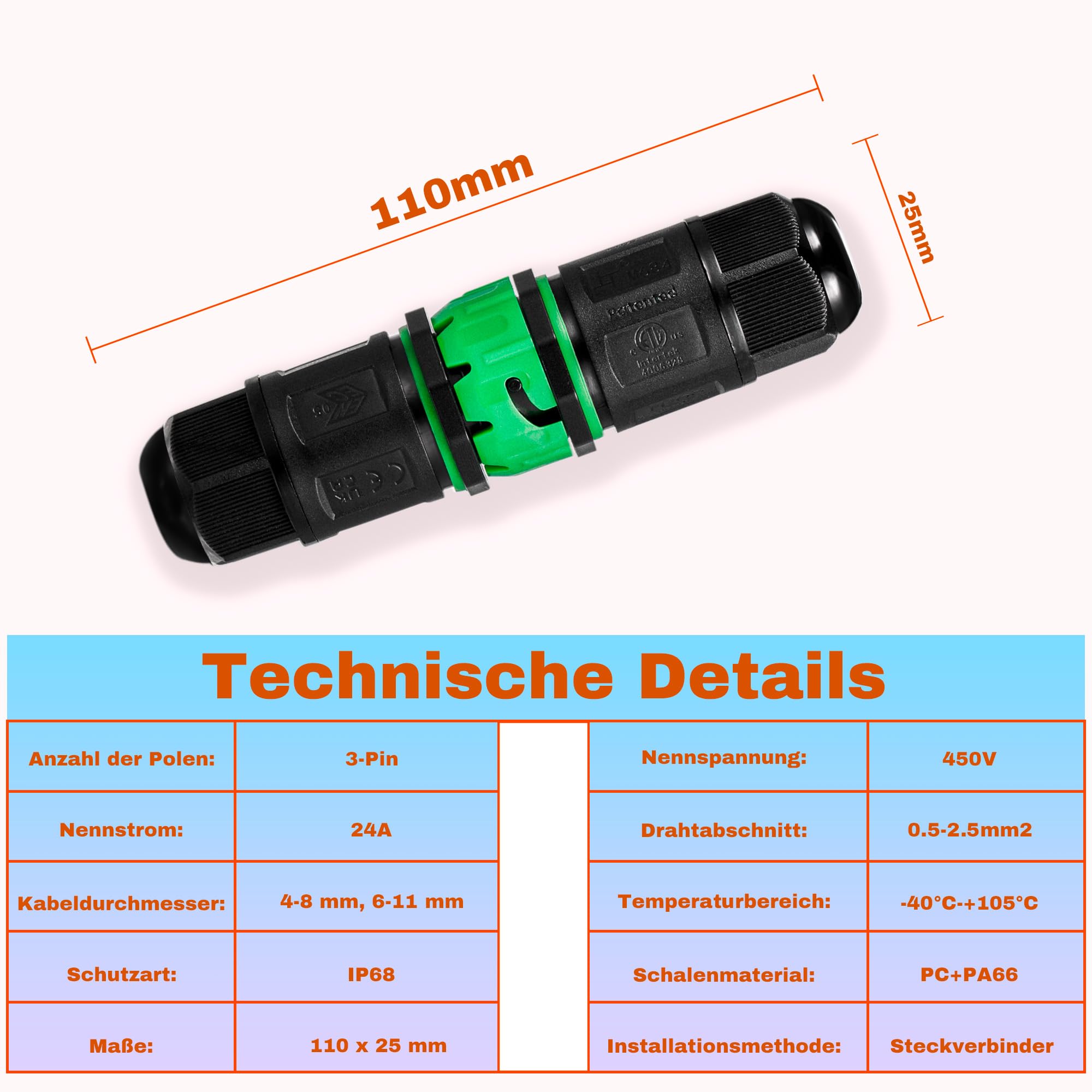 Connettore rapido a 3 poli, impermeabile, IP68, cavo di terra, con morsetti, manicotti di collegamento per cavo Ø 4 – 11 mm di diametro (1)