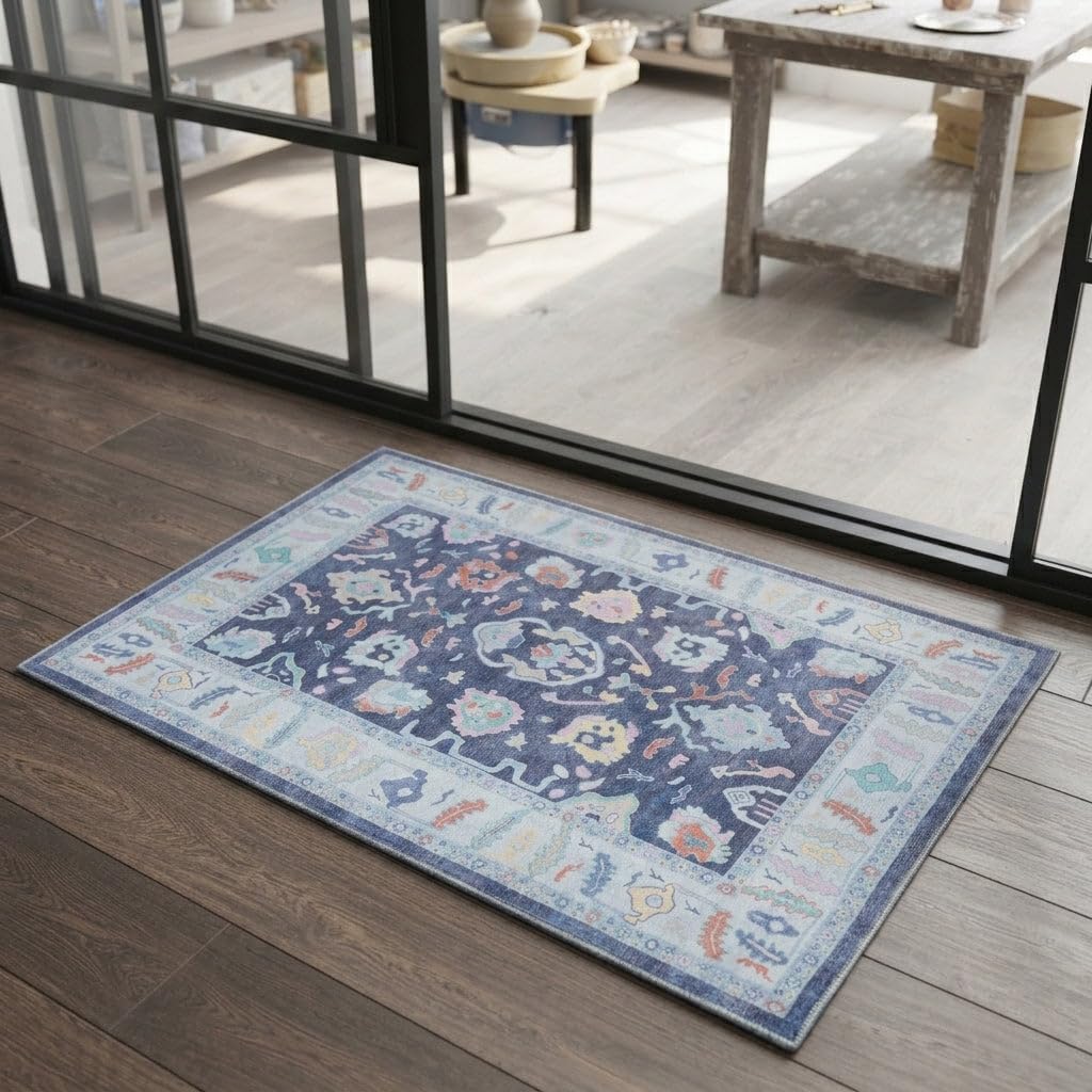  Modern Oushak Rug 2x3, Vintage Turkish Navy Blue Oriental Antique Inspired Area , Washable Foldable Luxury Living Room Bedroom (388NB, 2' x 3')