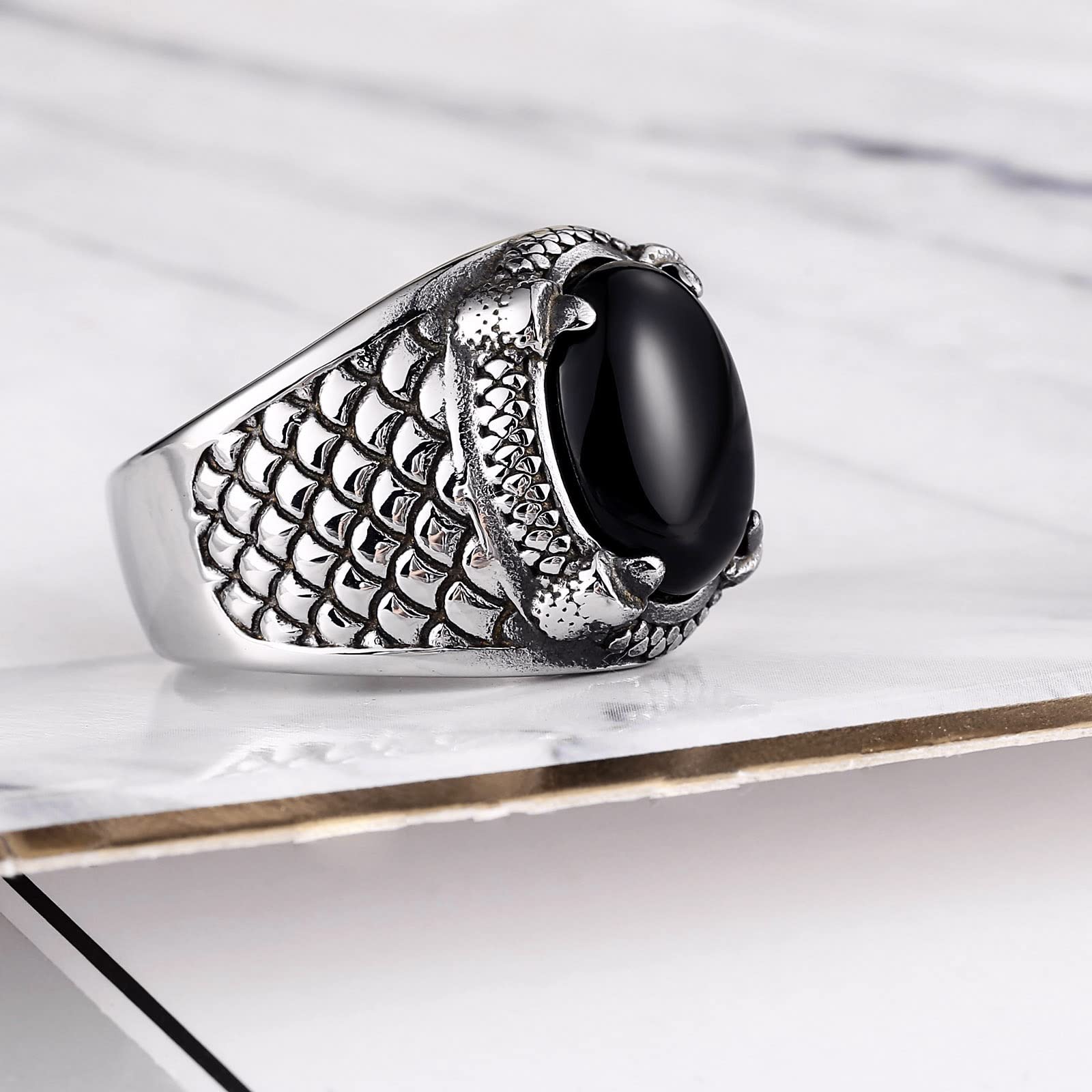Anello Fidanzamento Acciaio Anelli Uomo Donna Anello Artiglio del Drago con Pietra Ovale Nera Anelli Uomo Argento Taglia 15 to 25