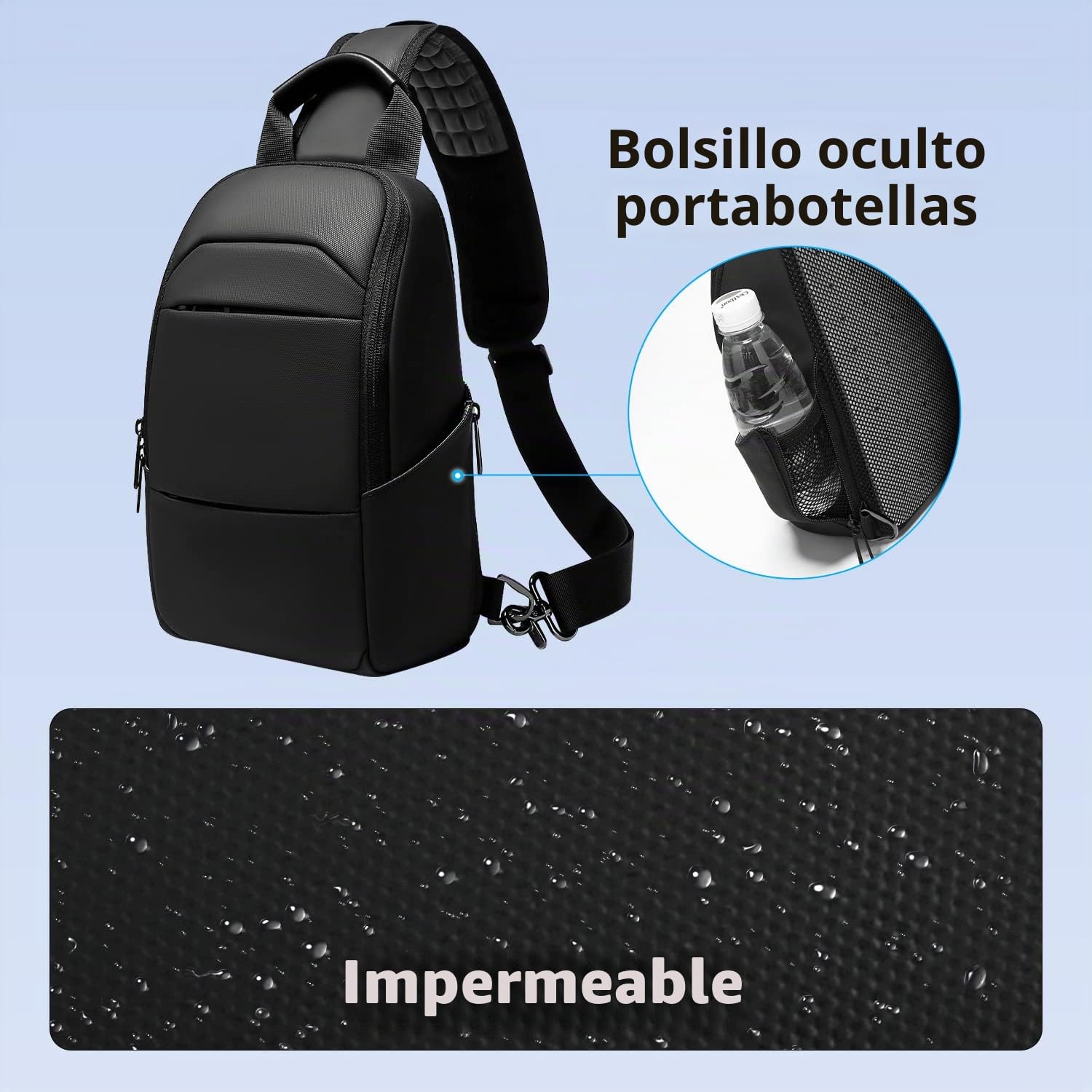 Bolso Bandolera Hombre Bolso Pecho Impermeable Bolso Cruzado Mochila Bandolera para Vida Diaria Ciclismo Caminar Viajar y Trabajar-Negro
