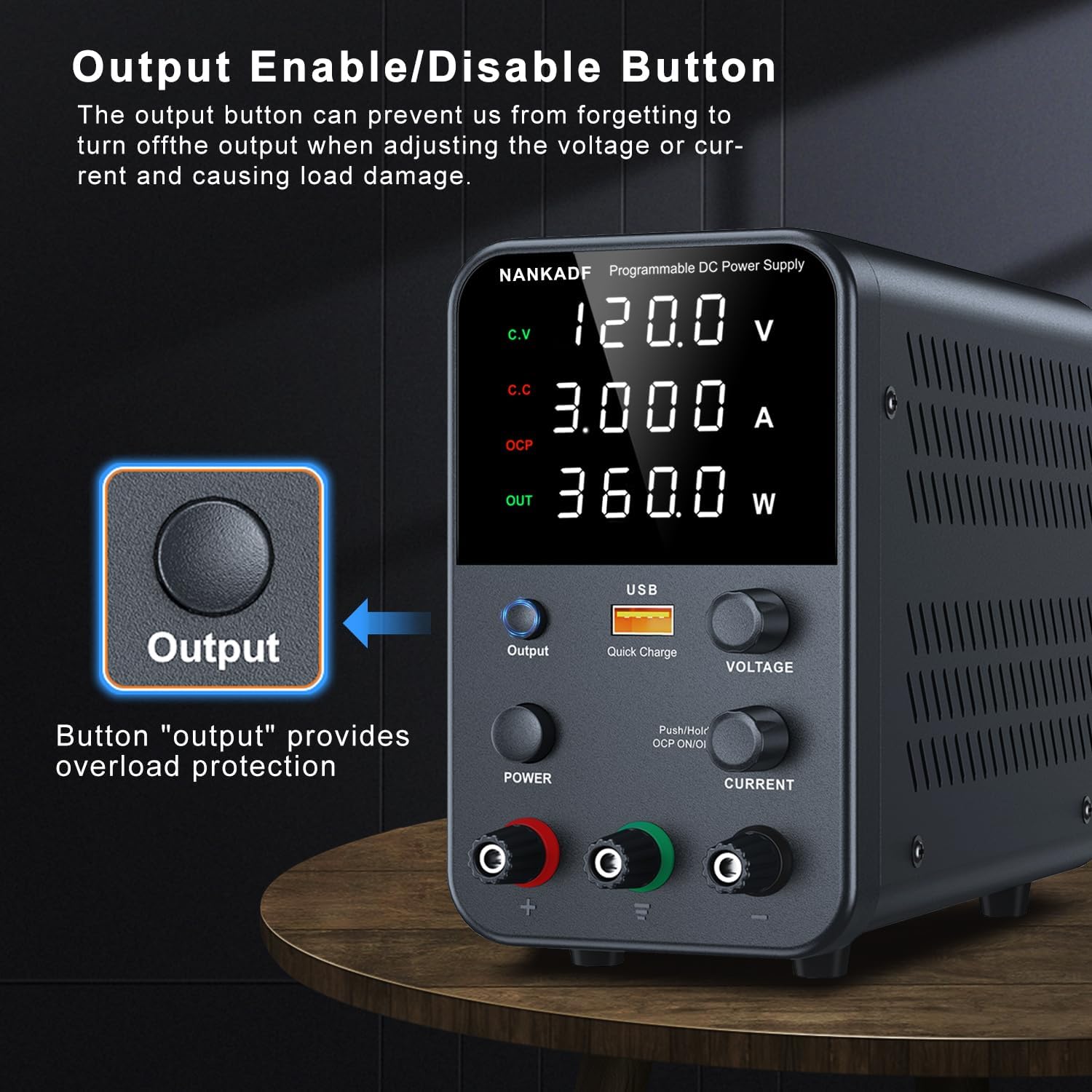 DC Variable Bench Power Supply with Encoder Knob, Output Enable/Disable, USB Quick-Charge, Short Circuit Alarm (120V 3A Black)