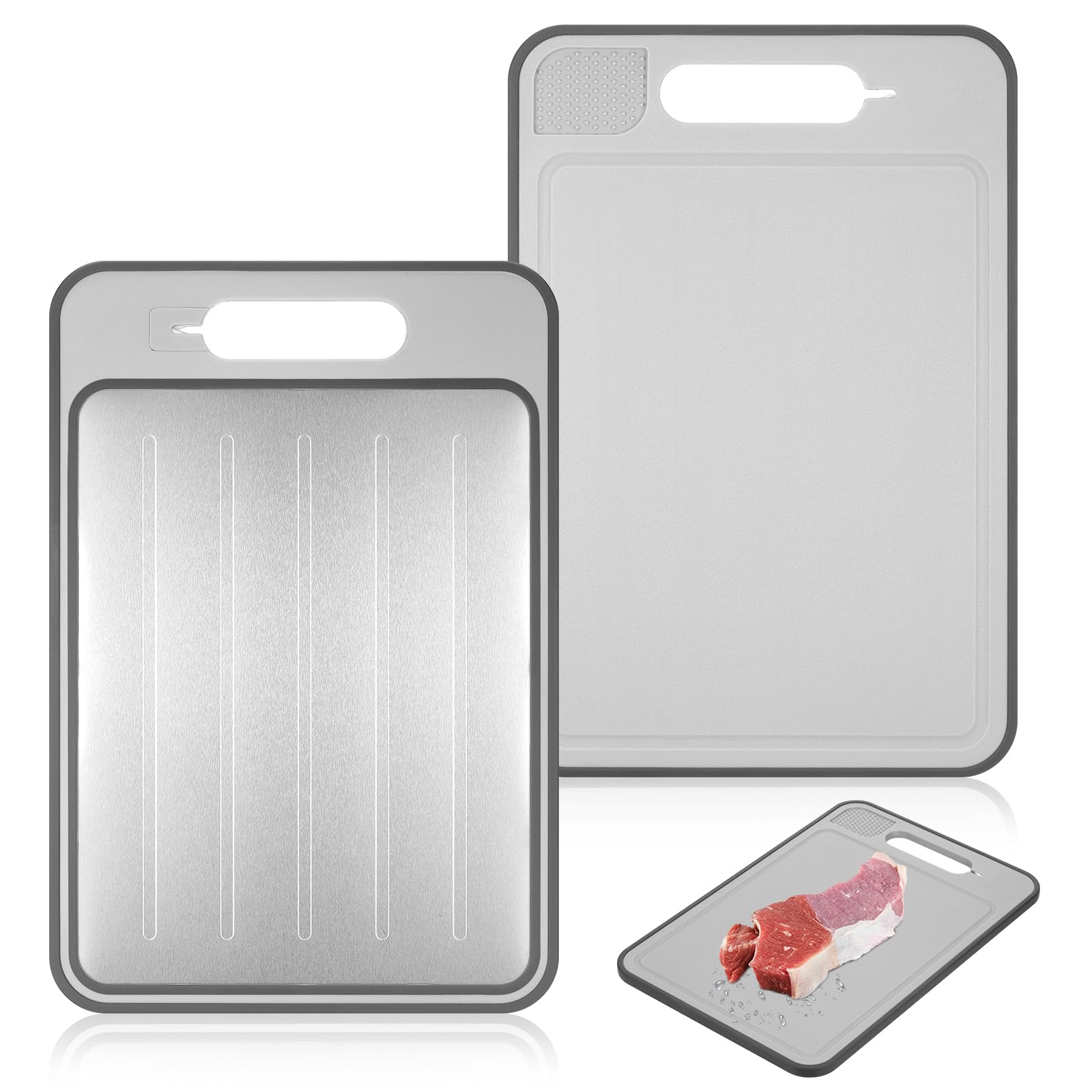 4 in 1 Defrosting Board, Defrosting Tray Double Sided As Chopping Board with Grater, Sharpener, Fast Thawing of Frozen Food & Meat, 31.1Lx21Wcm, Grey