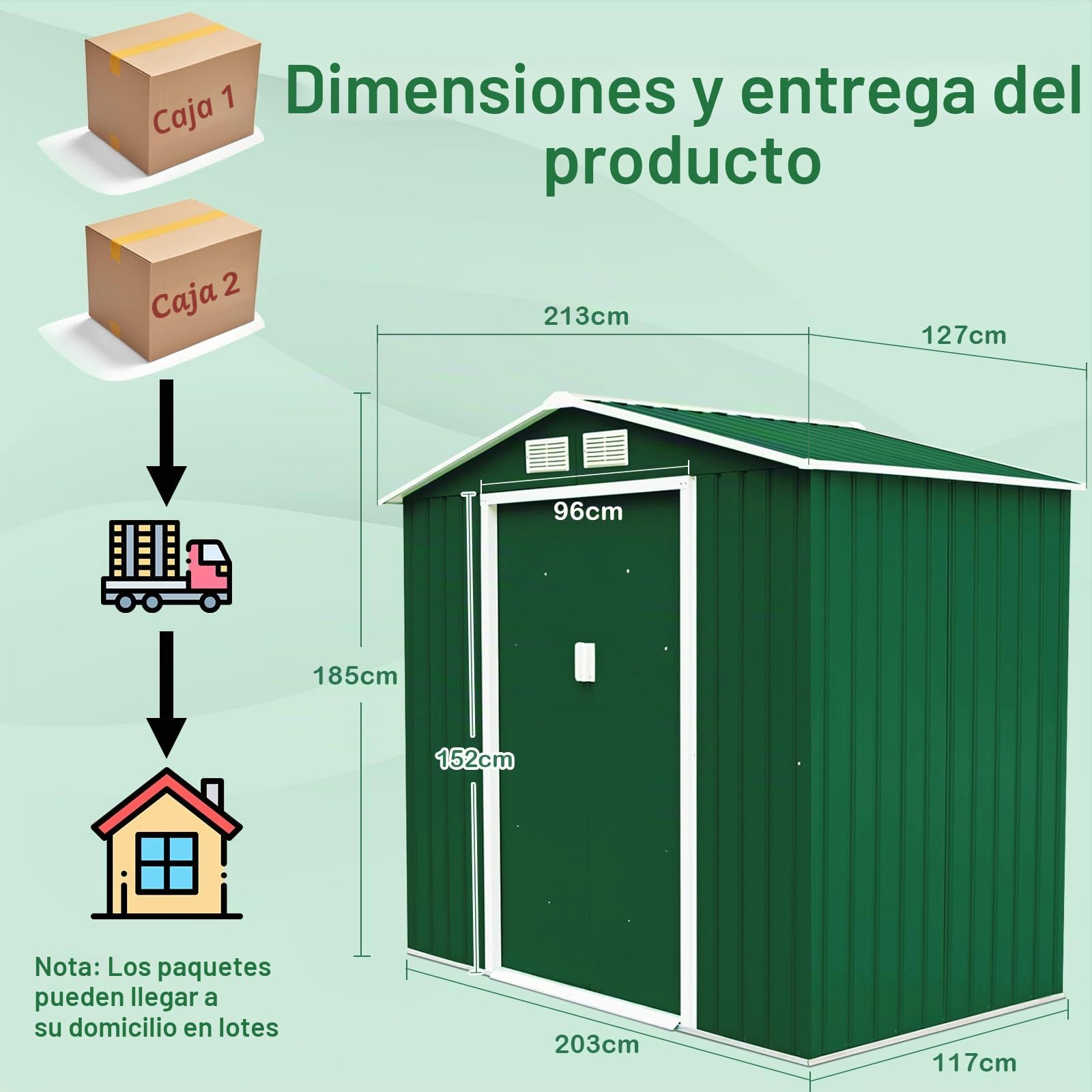 GOPLUS 4.39 m³ Cobertizo de Jardín Estanco con Puertas y Ventana, Fabricado en Metal Galvanizado,Almacenamiento para Bicicleta, Herramientas de Jardinería, 213 x 127 x 185 cm