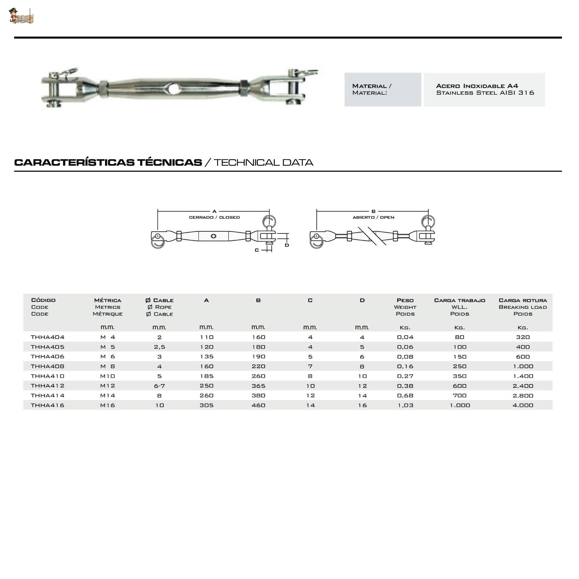BricoLoco Tensor cable de acero, cuerda. Inoxidable horquilla - horquilla. Tubular cuerpo cerrado. Especial náutica inox A4 AISI 316. (M-8 (160 a 220 mm.), 2)