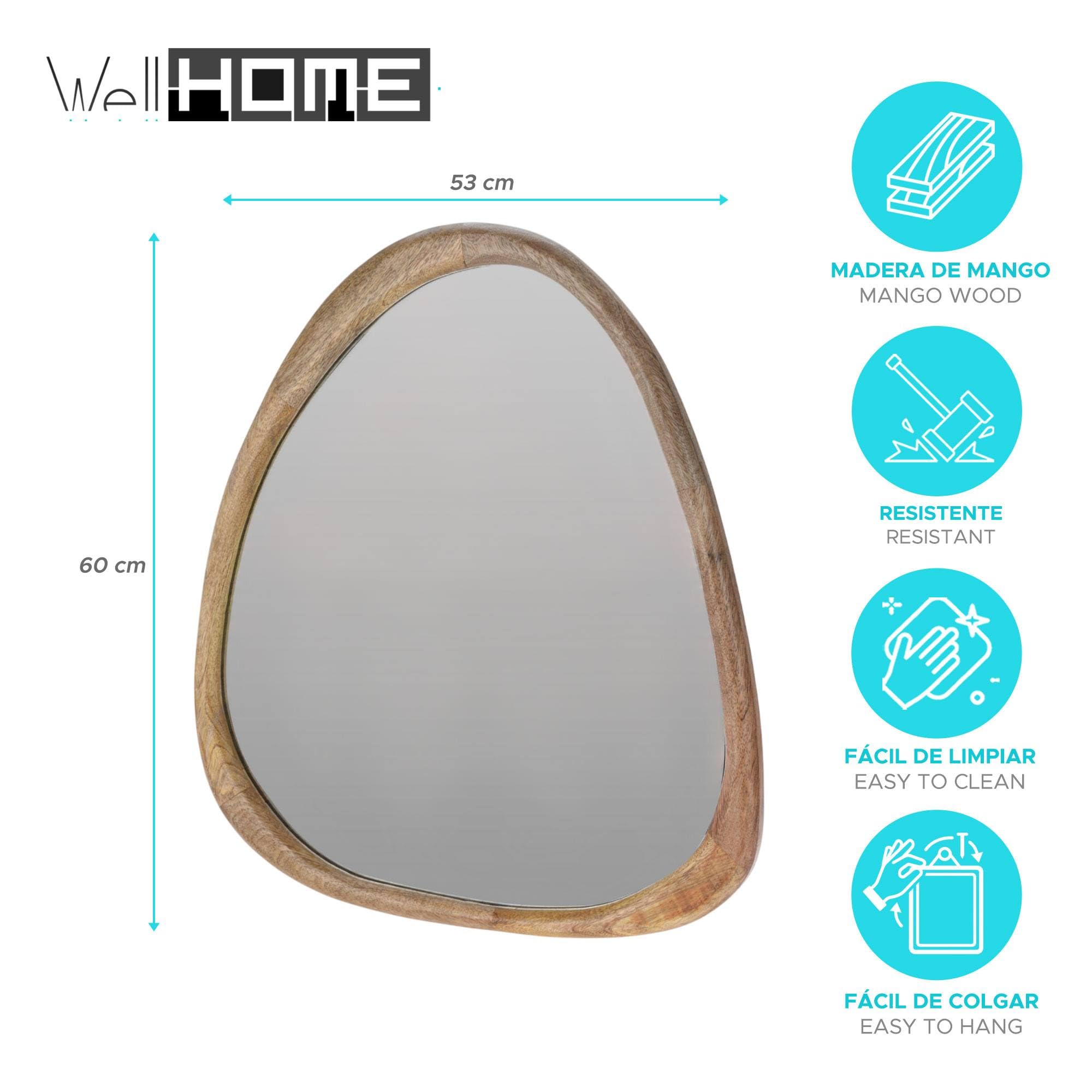 Well Home Espejo Irregular 53x2,5x60cm Marco de Madera de Mango Natural en Madera Acabado Natural para Entrada, salón o Dormitorio