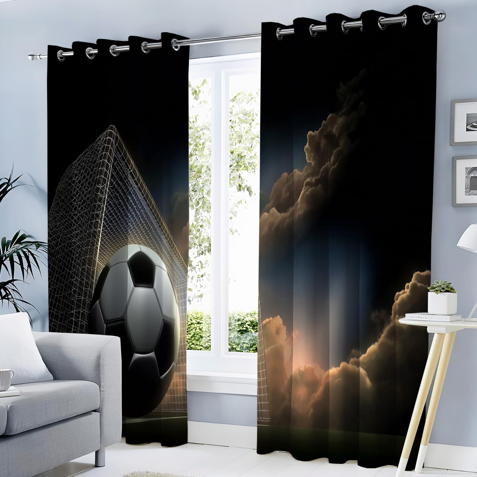 Dark Sky Graphics Verdunkelungsvorhänge Blickdichte Vorhänge Mit Ösen Sport Fußball Thermo Vorhang Schlafzimmer Gardinen Wohnzimmer,H215 X B110 cm,Dunkelblau, 2Er Set