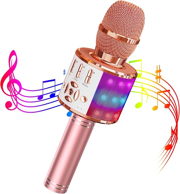 Wowstar Karaoke Wireless Microphone, Bluetooth Handheld Microphones for Kids Adults, Karaoke Mic Speaker Singing Machine with LED Lights, Home KTV Party Player Support Android & iOS Devices(Rose Gold)