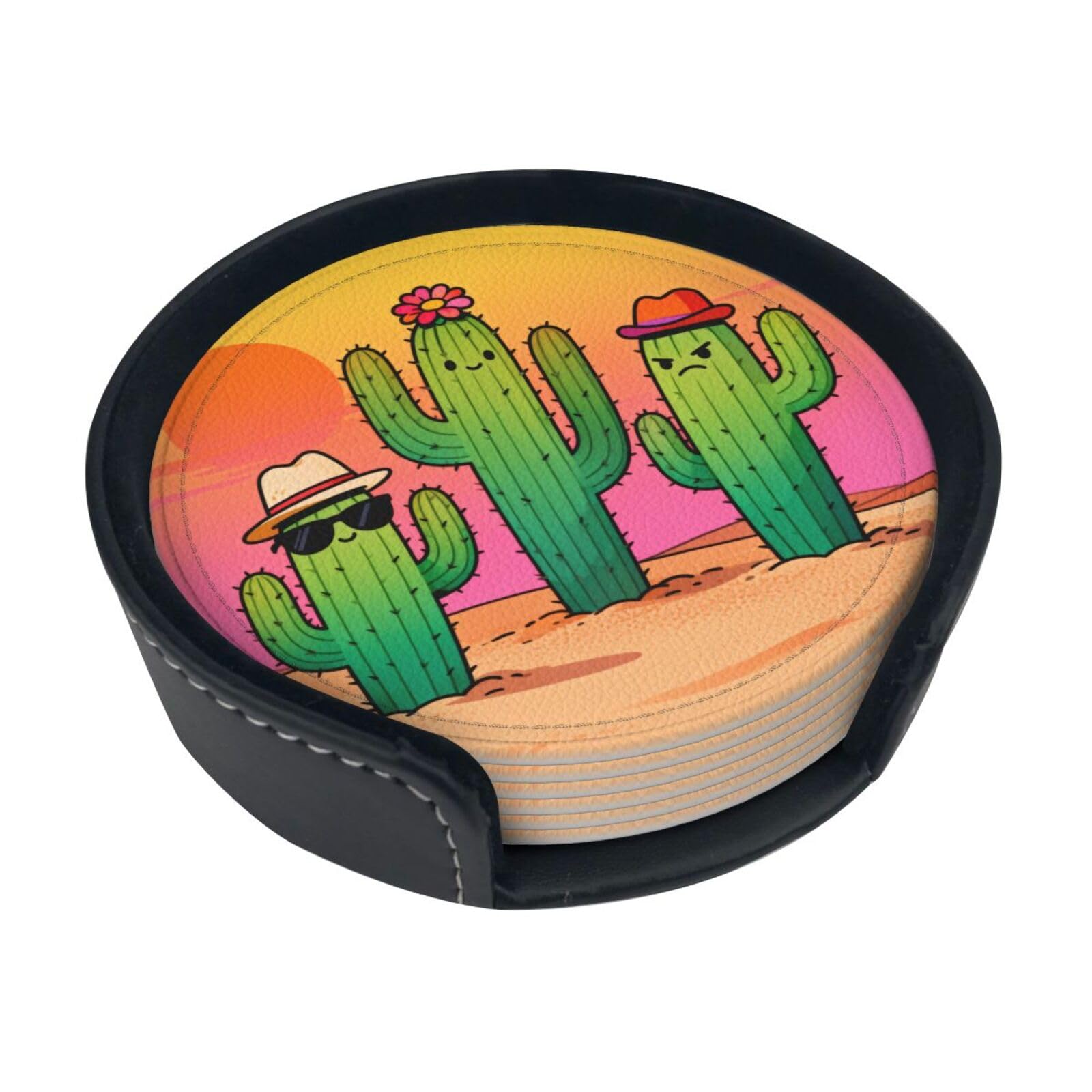cactus Leather Coasters-Set of 6 with Storage Holder