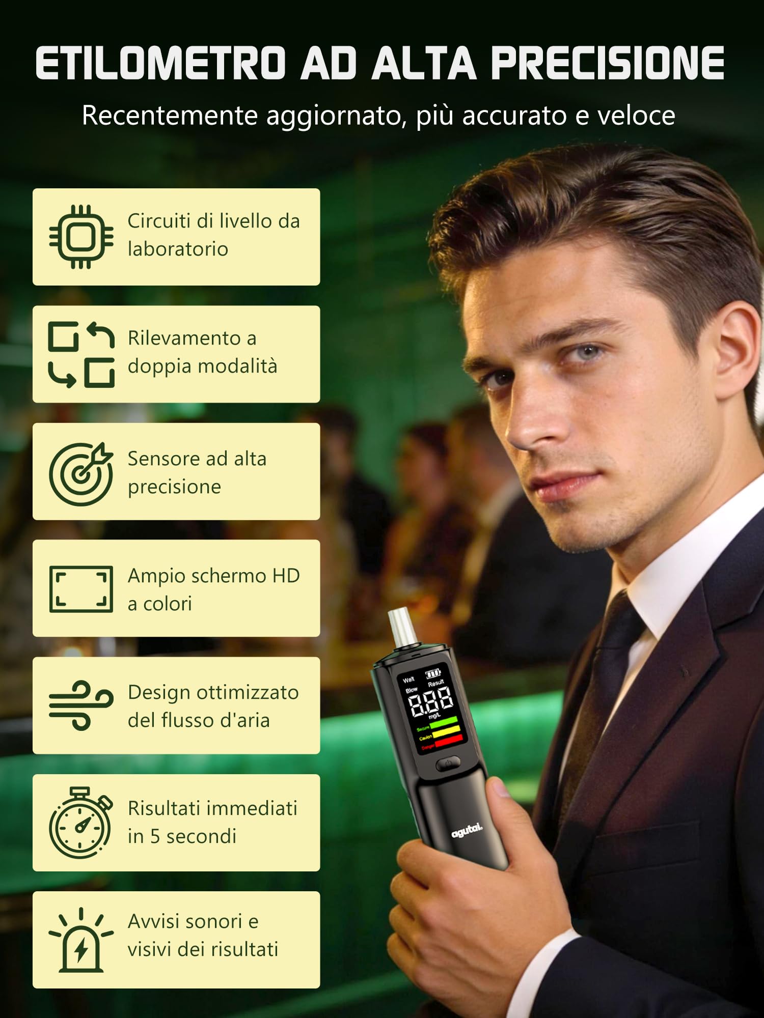Etilometro Portatile USB-C Con 10 Bocchini | Display LCD E Allarme Vocale | Professionale Per Controllo Alcol Prima Di Guidare