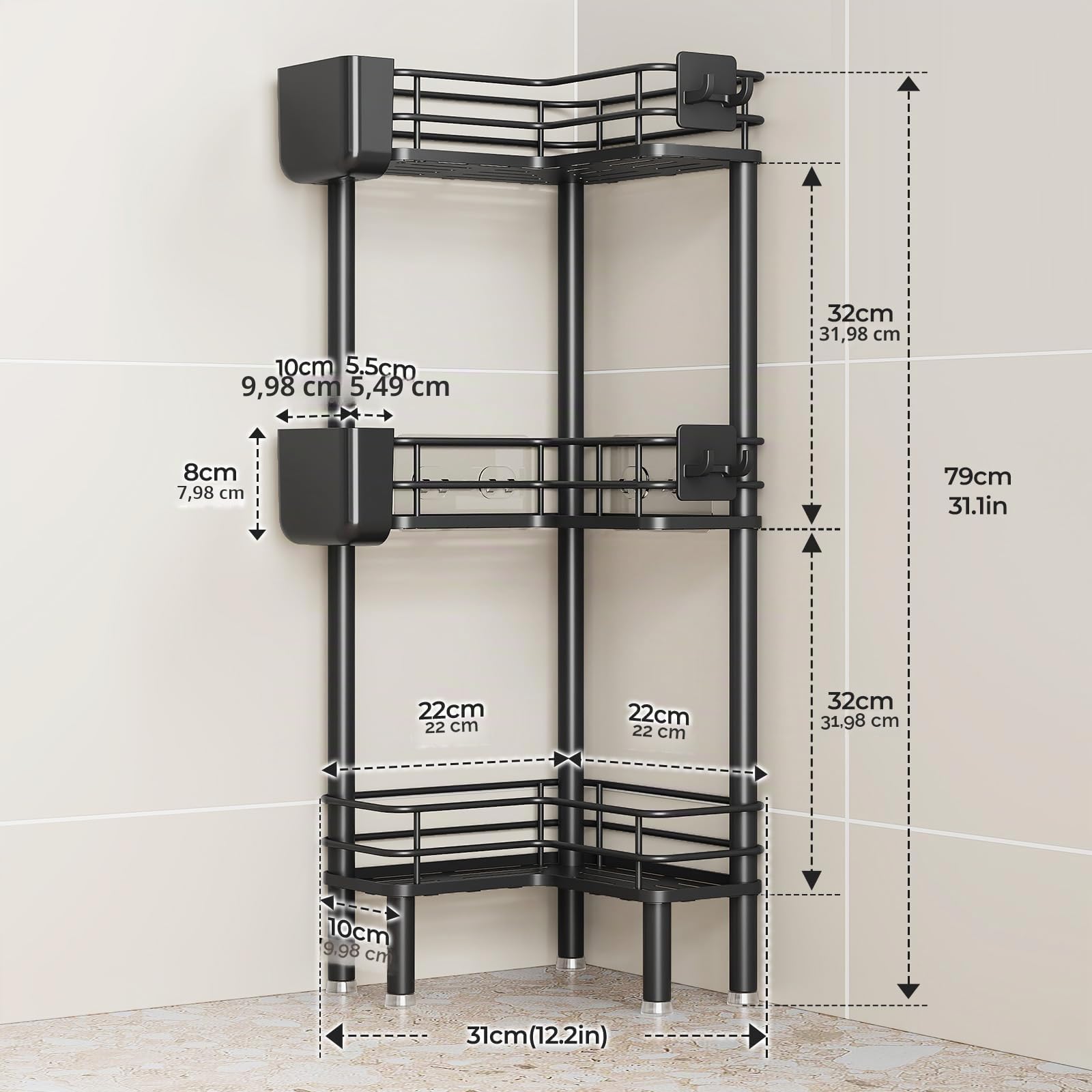 Orimade Lot de 3 étagères de Douche Debout - sans perçage - pour Salle de Bain - Noir