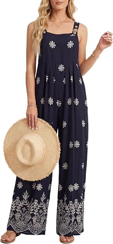 LYANER Women's Boho Floral Button Baggy Wide Leg Casual Romper Jumpsuits with Po