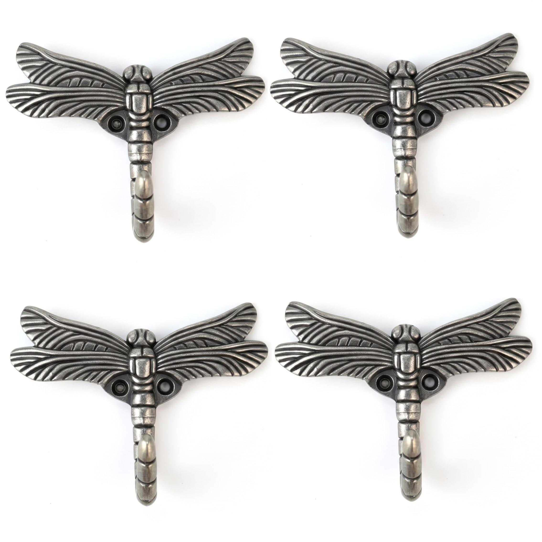 Lcarege Decorative Hooks, Pack Of 4 Dragonfly Decorative Wall Hooks, Zinc Alloy Silver Towel Hook For Hanging Clothes, Hats, Keys