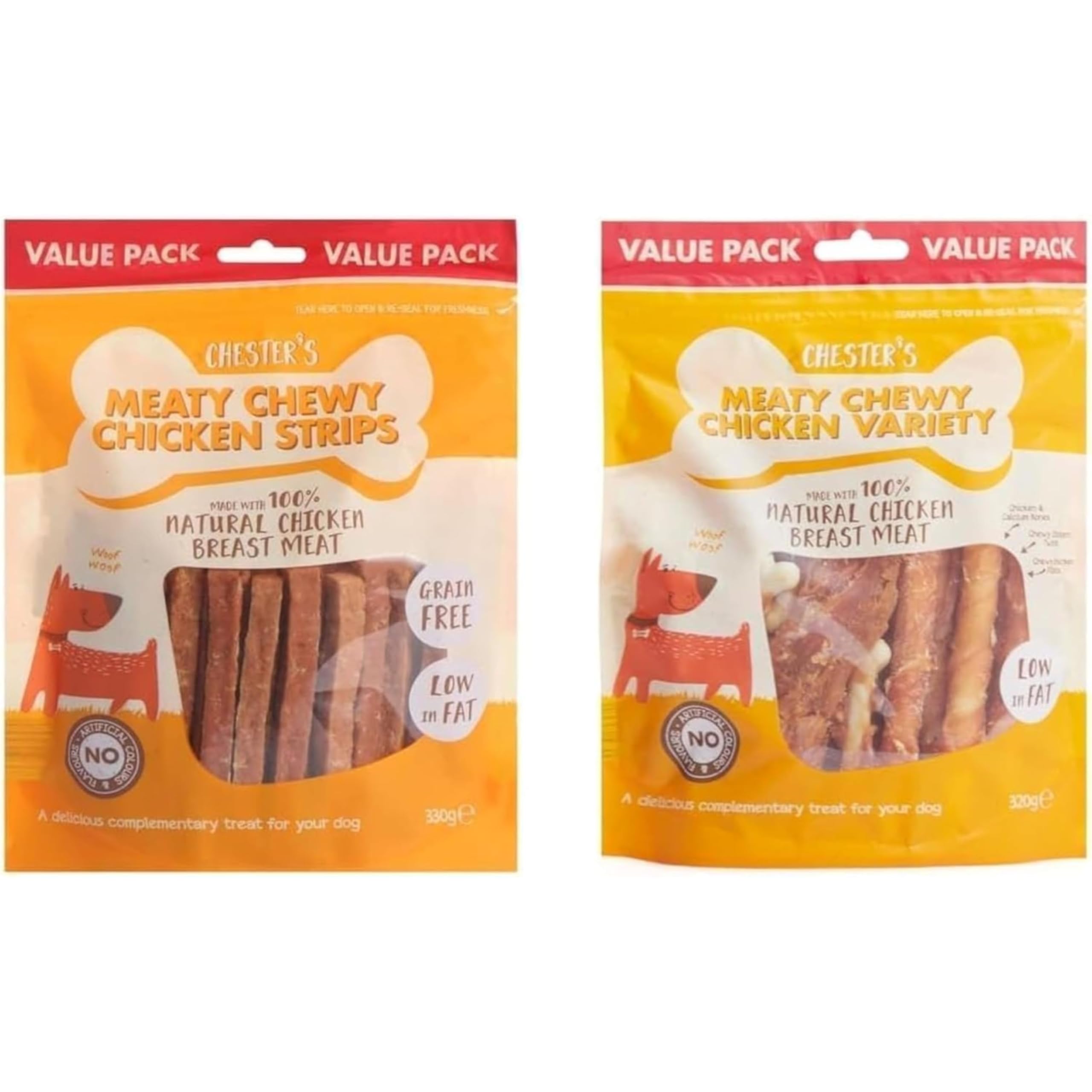 Chesters Meaty Chewy Chicken Dog Treats – Pack of 2 Variety 320g & Strips 330g – 100% Natural Chicken Breast, Low-Fat, High-Protein Snacks for Dogs