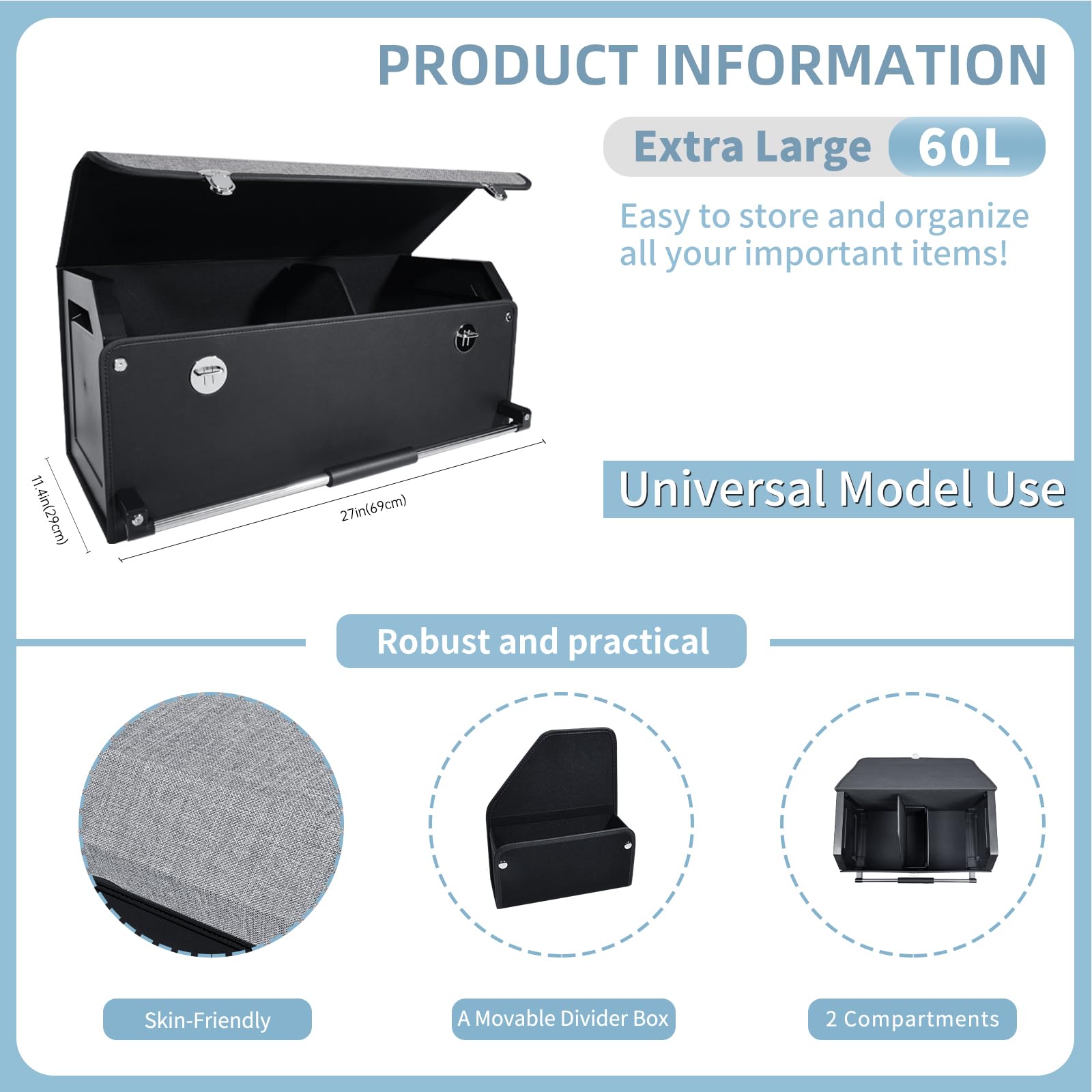 XCF SUV Trunk Organizer, Collapsible Car Trunk Organizer with Lid and Sturdy Handle Car Trunk Leather Storage Box SVU Cargo Storage (Grey, 27.1 x 11.4 x 12.2in)