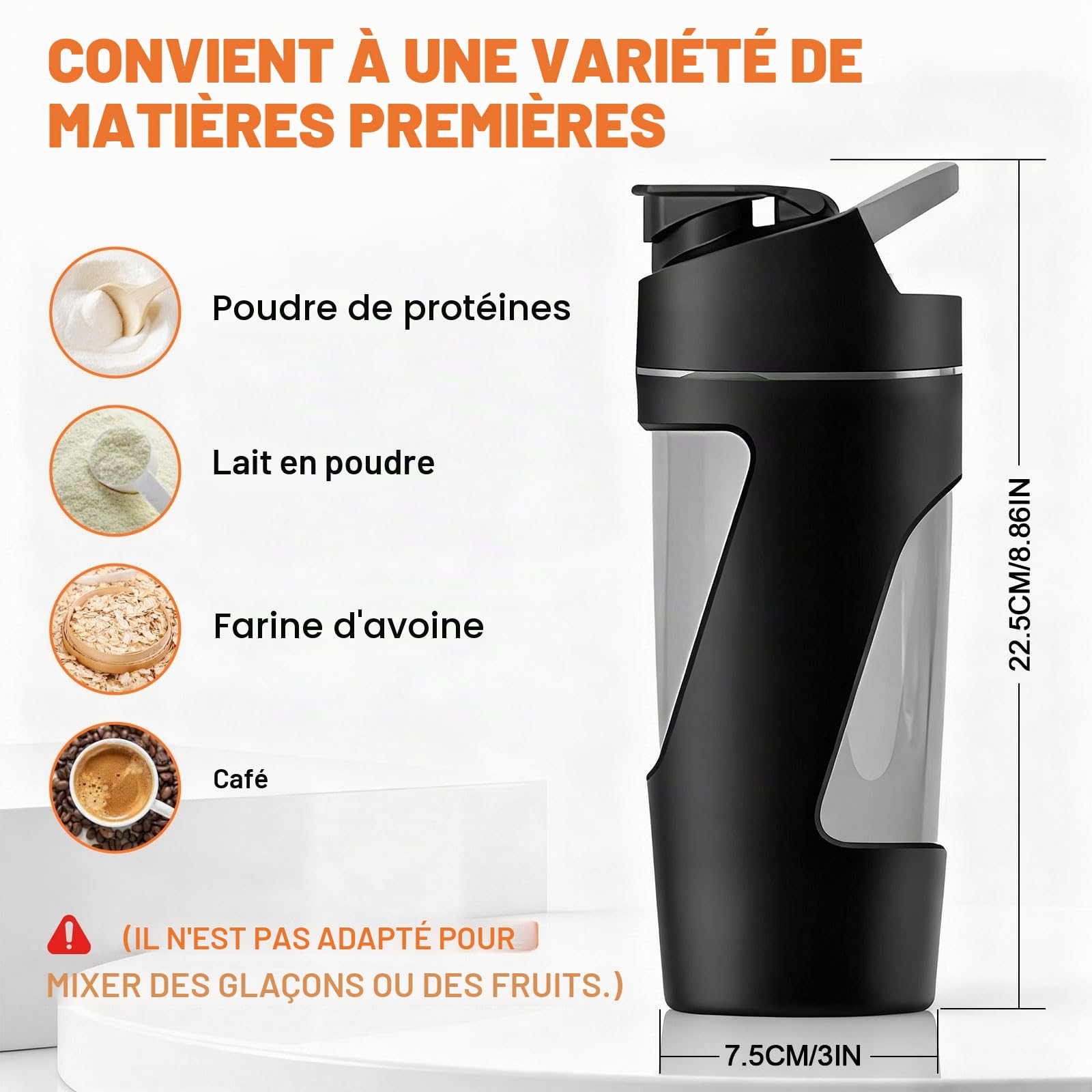 Shaker electrique, 700ml shaker électrique avec compartiment à poudre, shaker proteine rechargeable USB C, sans BPA (noir)